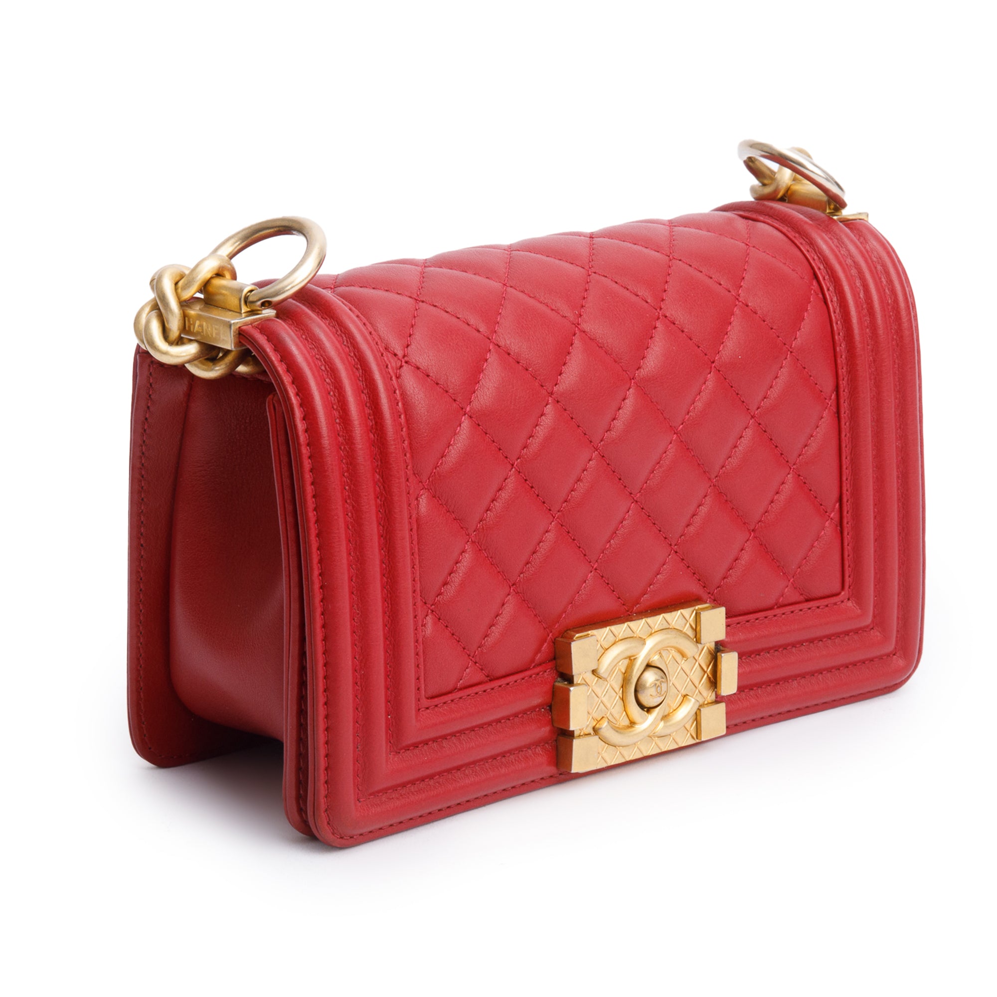 Chanel 2020 Red Quilted Lambskin Leather Small Logo Top Handle Boy Bag w/ Box, Receipt & Authenticity Card