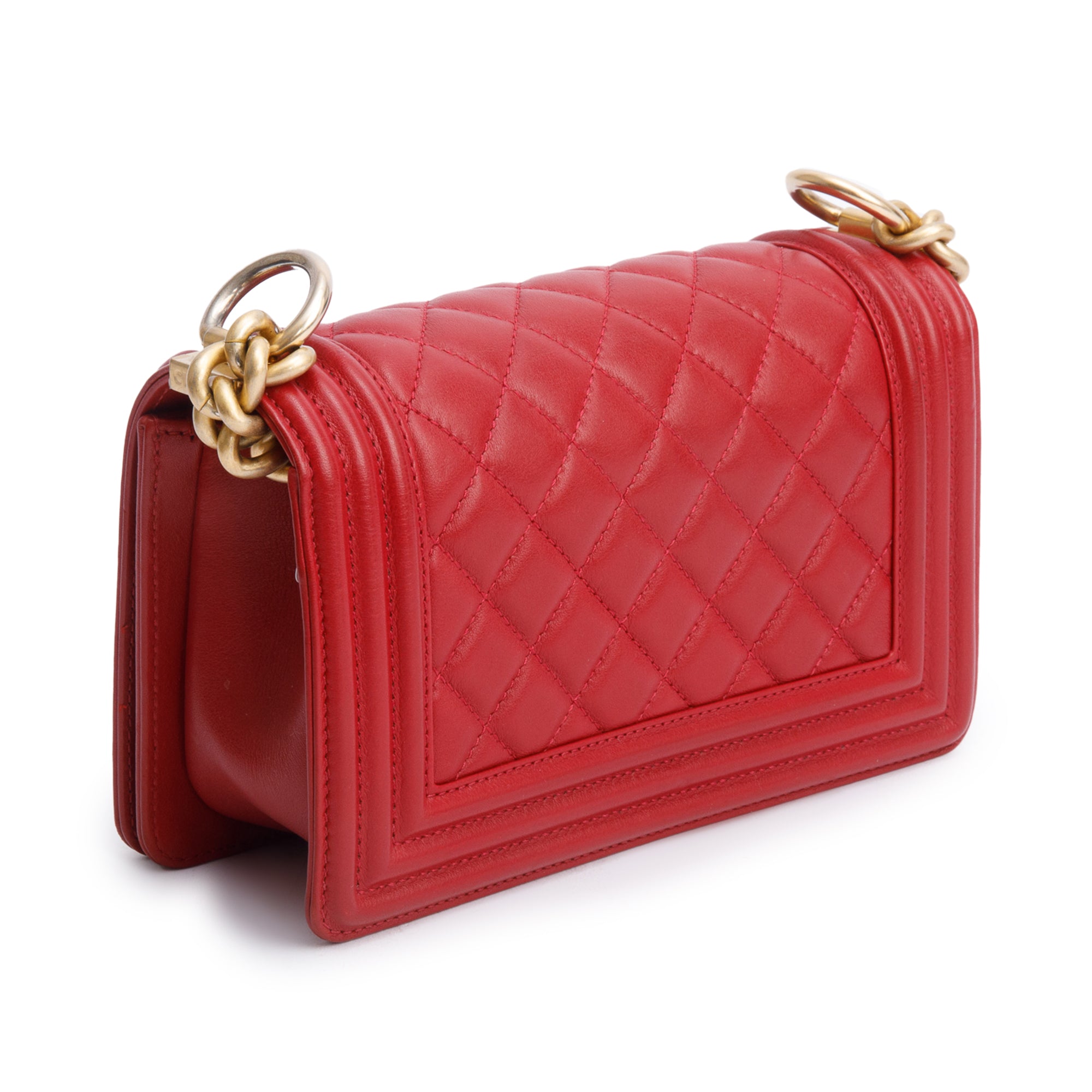 Chanel 2020 Red Quilted Lambskin Leather Small Logo Top Handle Boy Bag w/ Box, Receipt & Authenticity Card