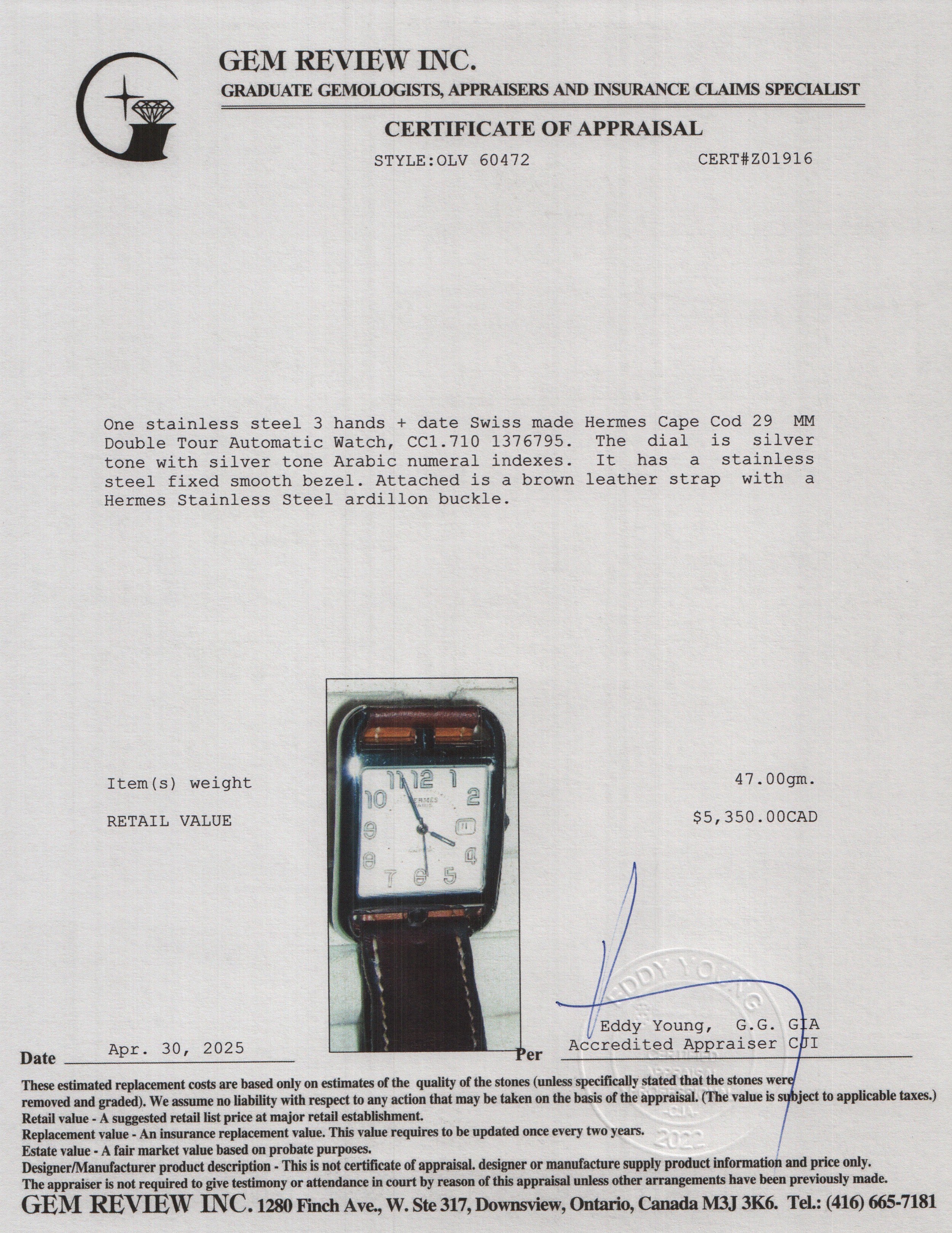 Hermes Stainless Steel Cape Cod 29 MM Double Tour Automatic Watch w/ Box & Papers