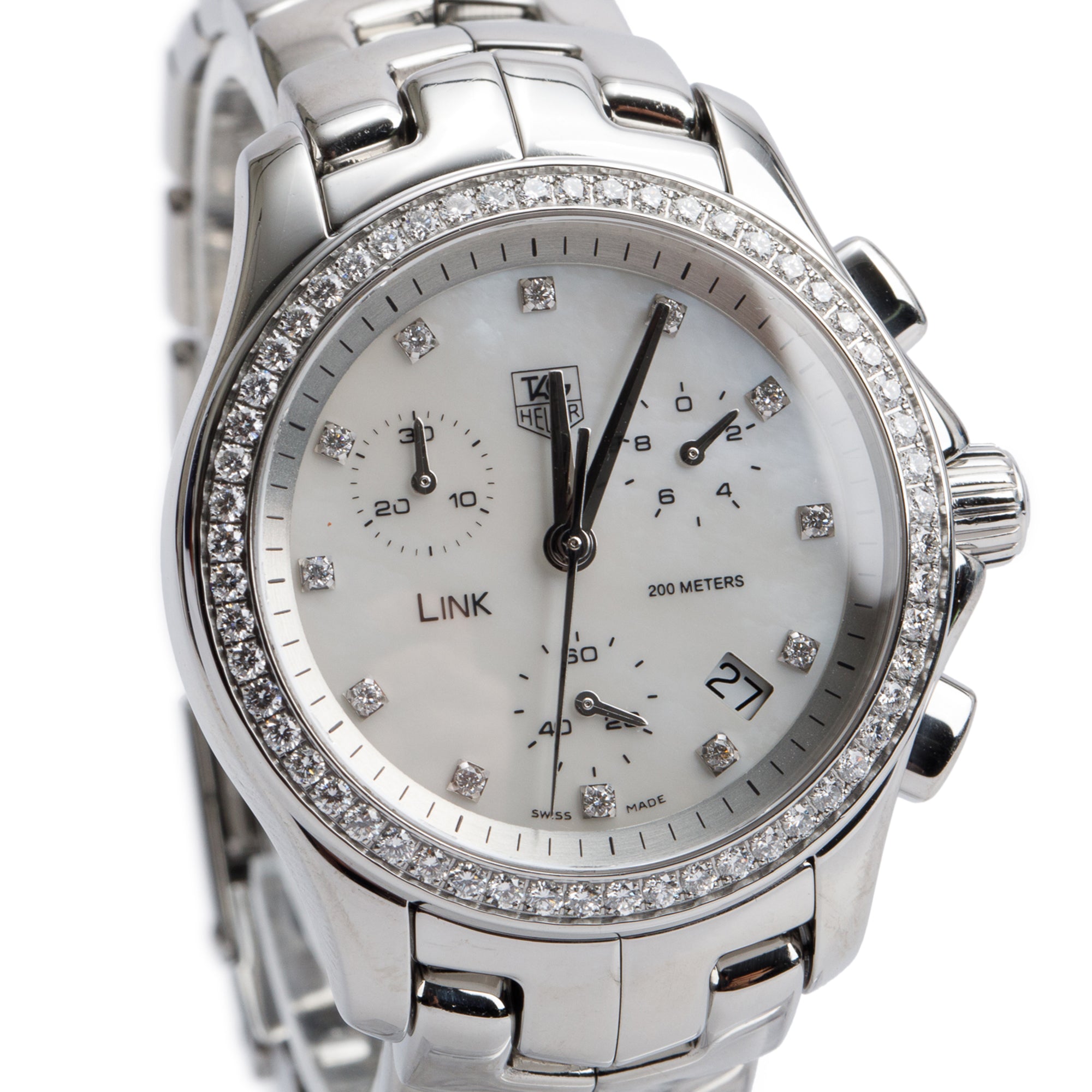 Tag Heuer Stainless Steel Link Diamond Bezel & Mother of Pearl Diamond Dial 33 MM Chronograph Quartz Watch CJF1314