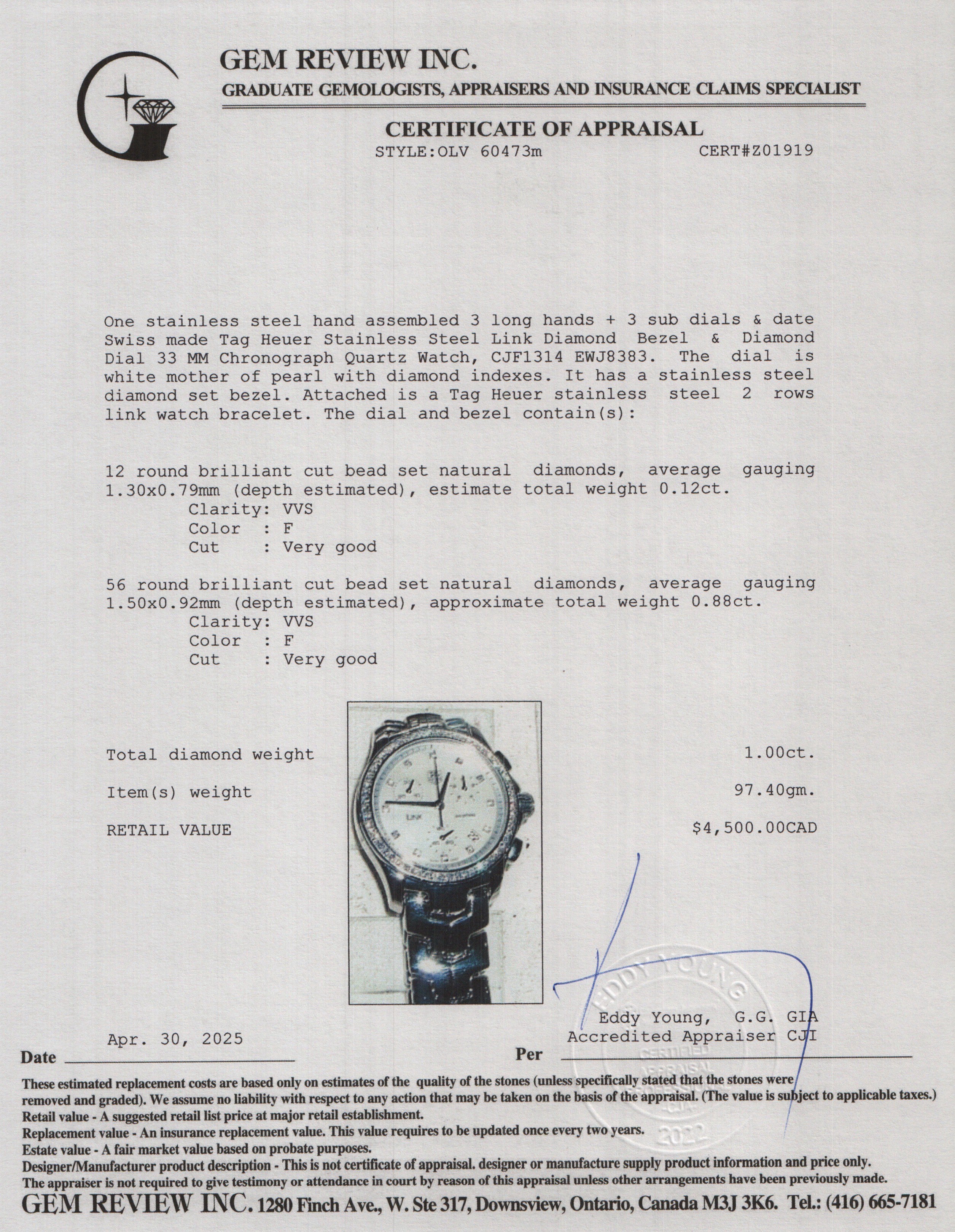 Tag Heuer Stainless Steel Link Diamond Bezel & Mother of Pearl Diamond Dial 33 MM Chronograph Quartz Watch CJF1314