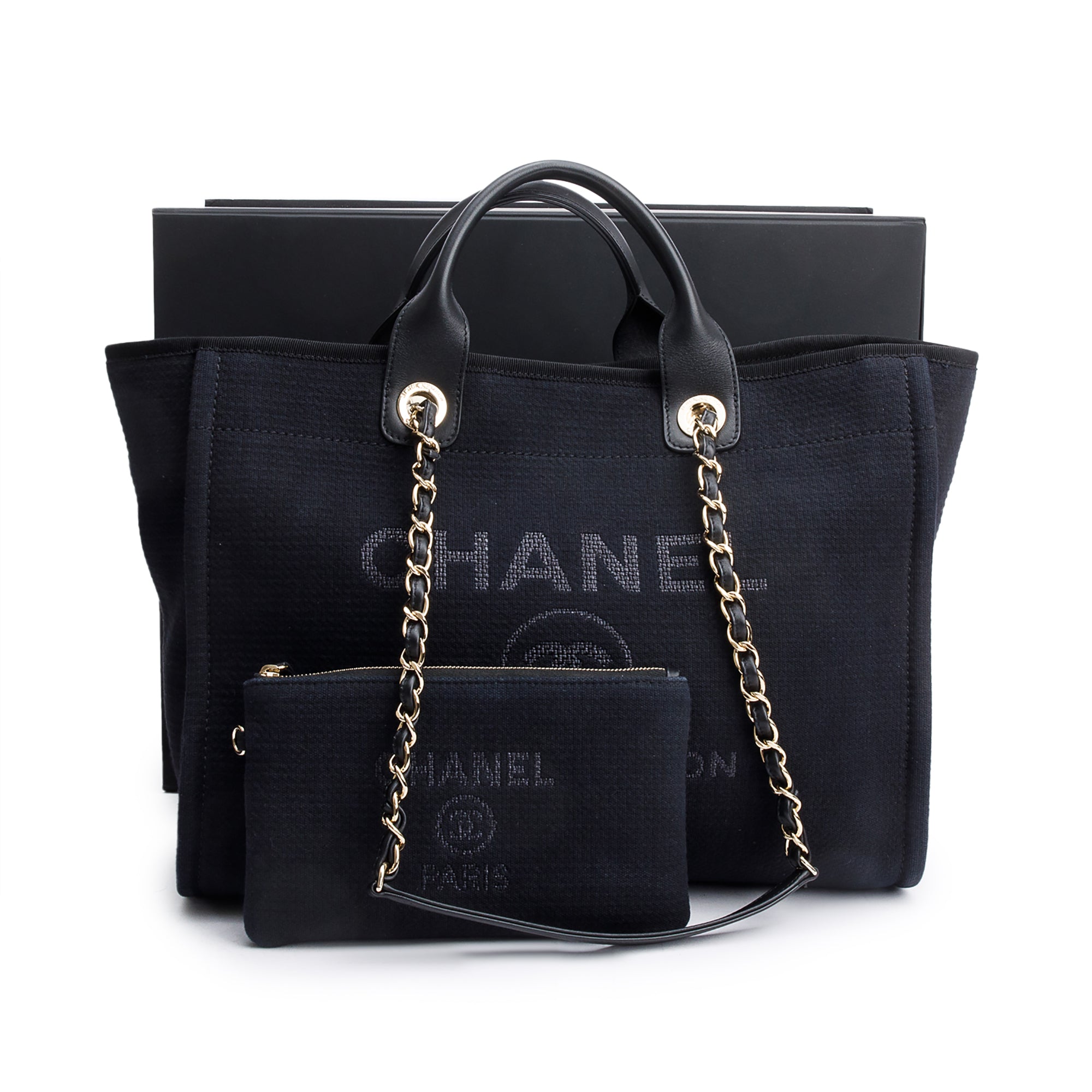 Chanel 2024 Black Canvas Calfskin Leather Trim Medium Deauville Shopping Tote w/ Box & Receipt