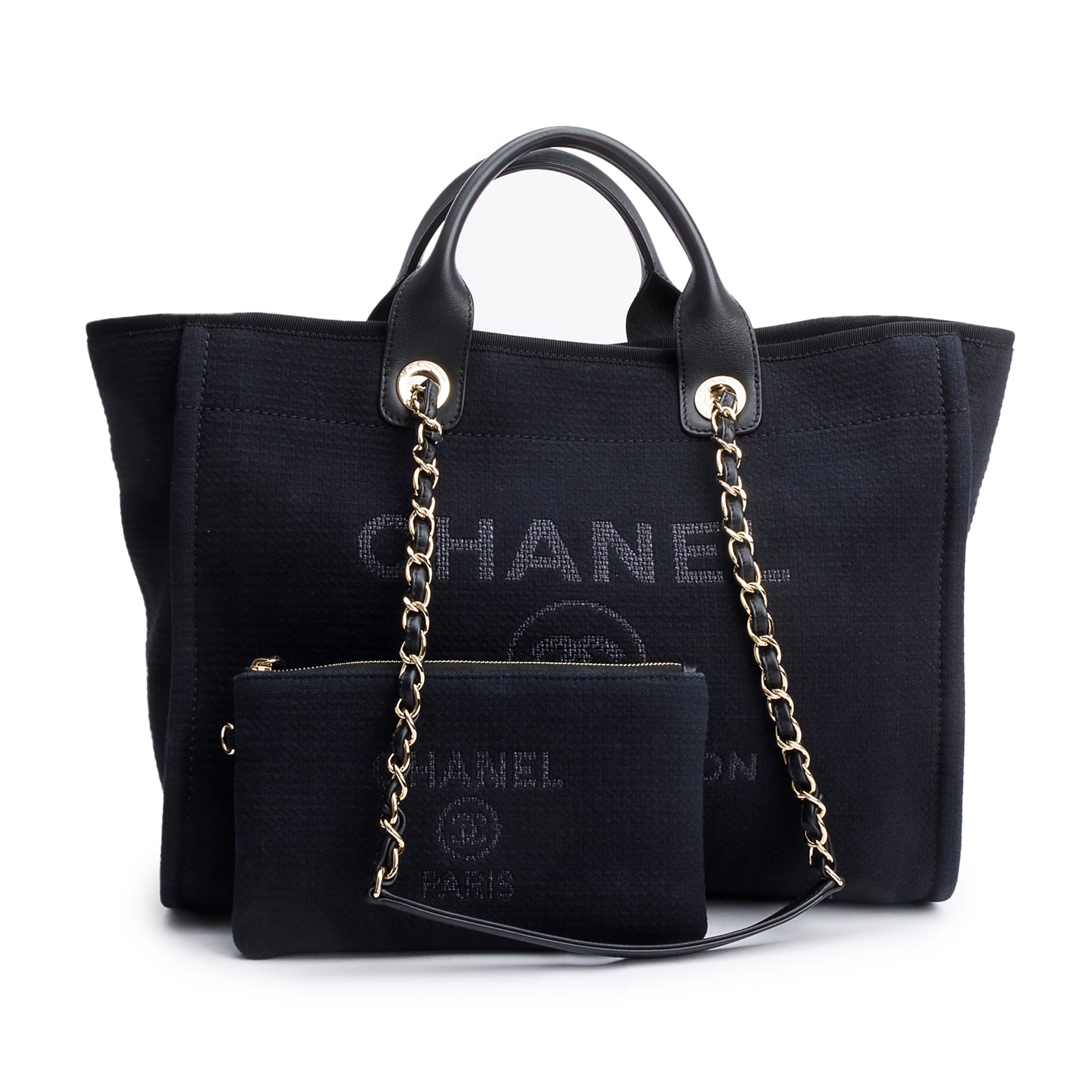 Chanel 2024 Black Canvas Calfskin Leather Trim Medium Deauville Shopping Tote w/ Box & Receipt