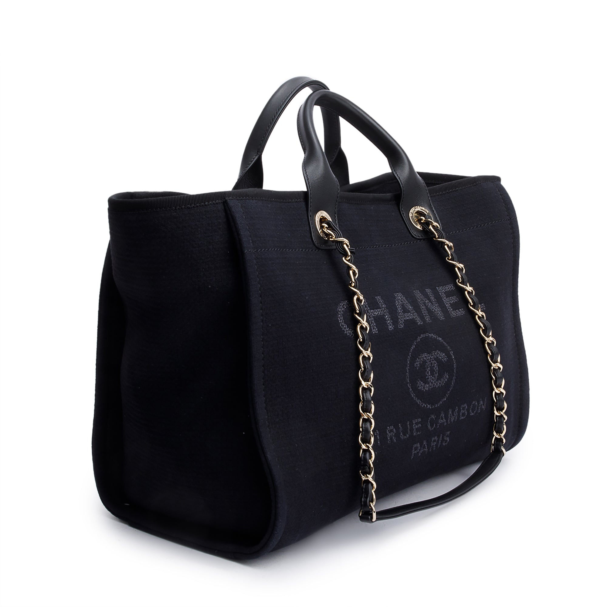 Chanel 2024 Black Canvas Calfskin Leather Trim Medium Deauville Shopping Tote w/ Box & Receipt