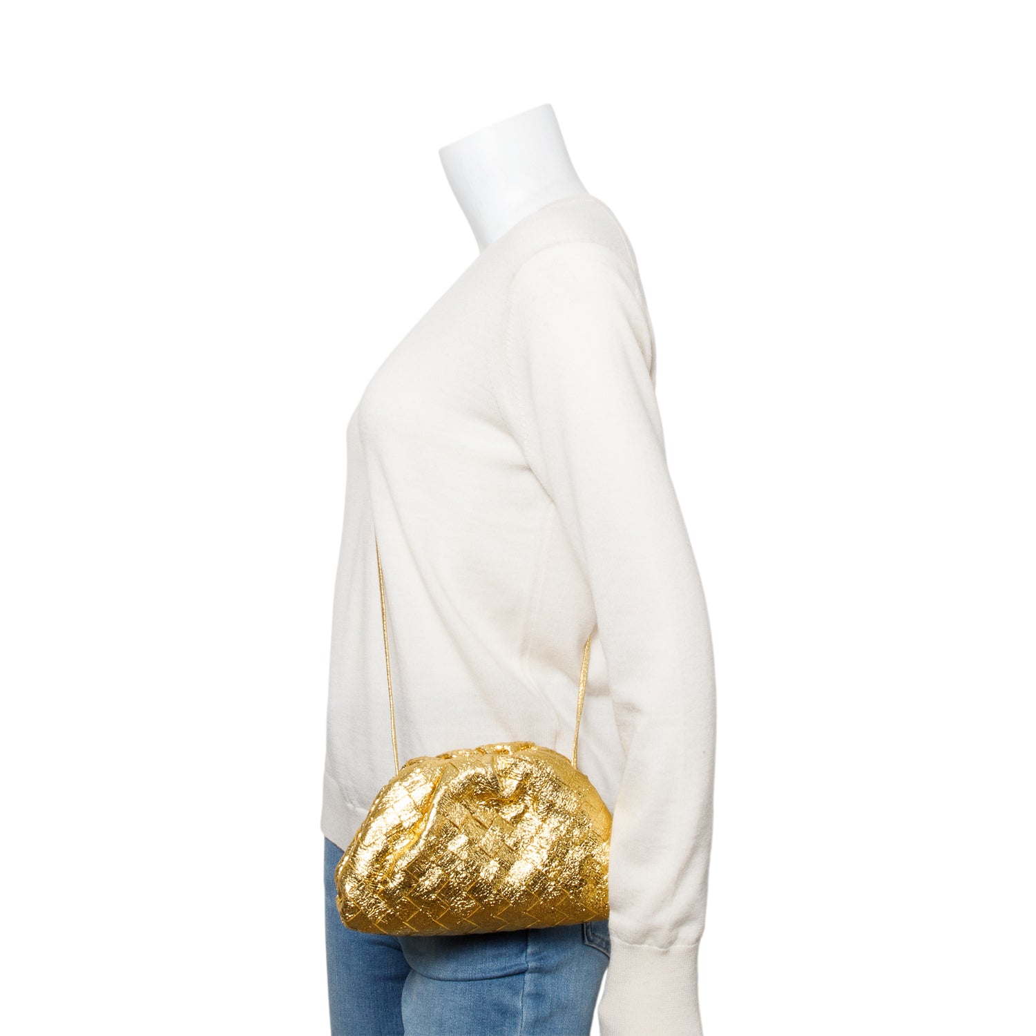 Bottega Veneta Gold Metallic Calfskin Intrecciato Leather The Mini Pouch w/ Box
