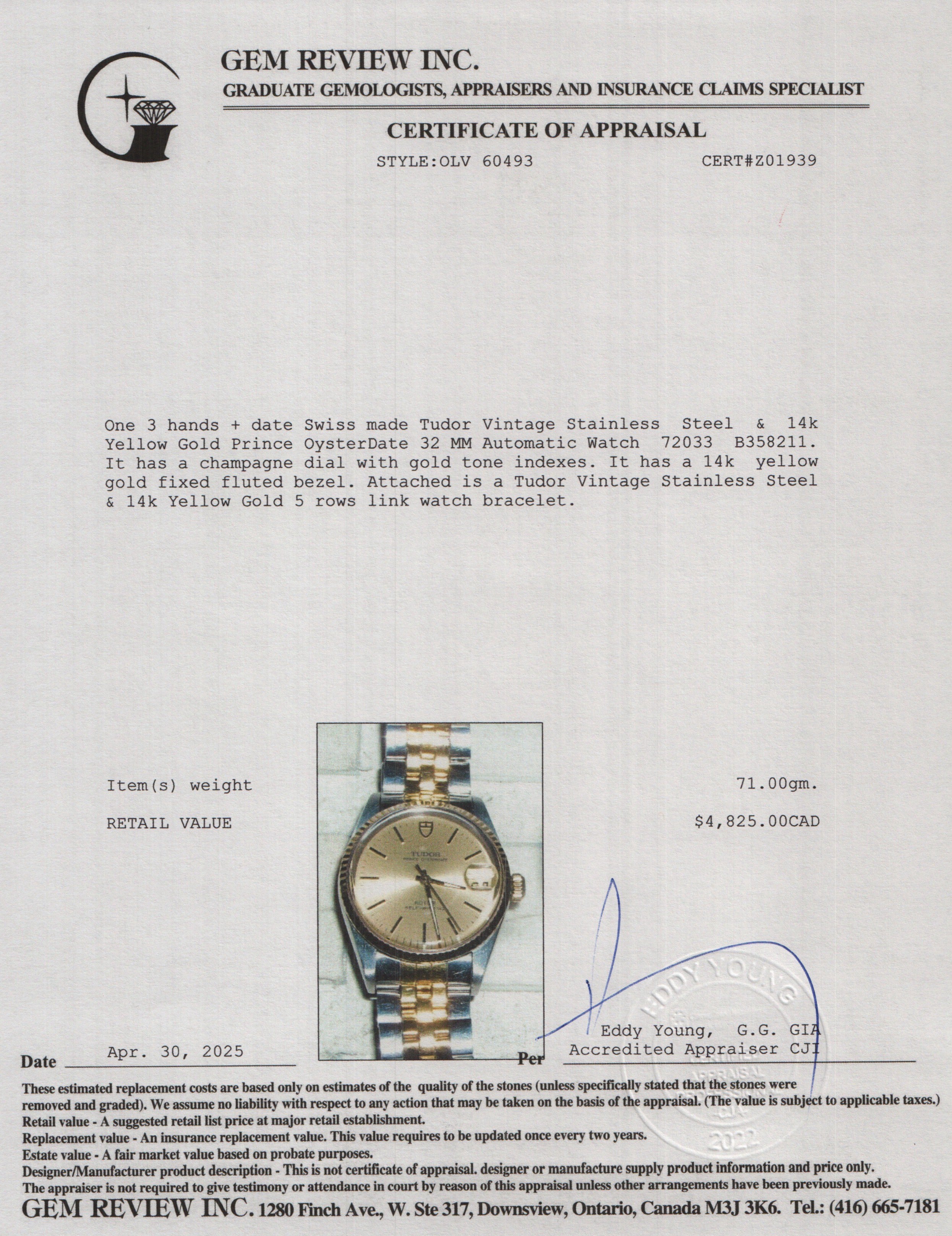 Tudor Vintage Stainless Steel & 14k Yellow Gold Prince OysterDate 32 MM Automatic Watch 72033 w/ Box & Papers