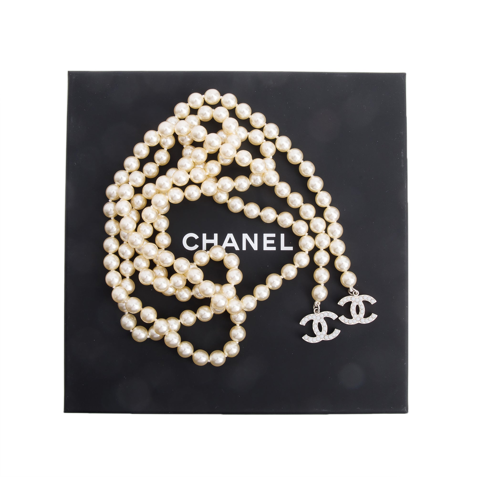 Chanel Palladium-Plated Faux Pearl CC Lariat Necklace w/ Box