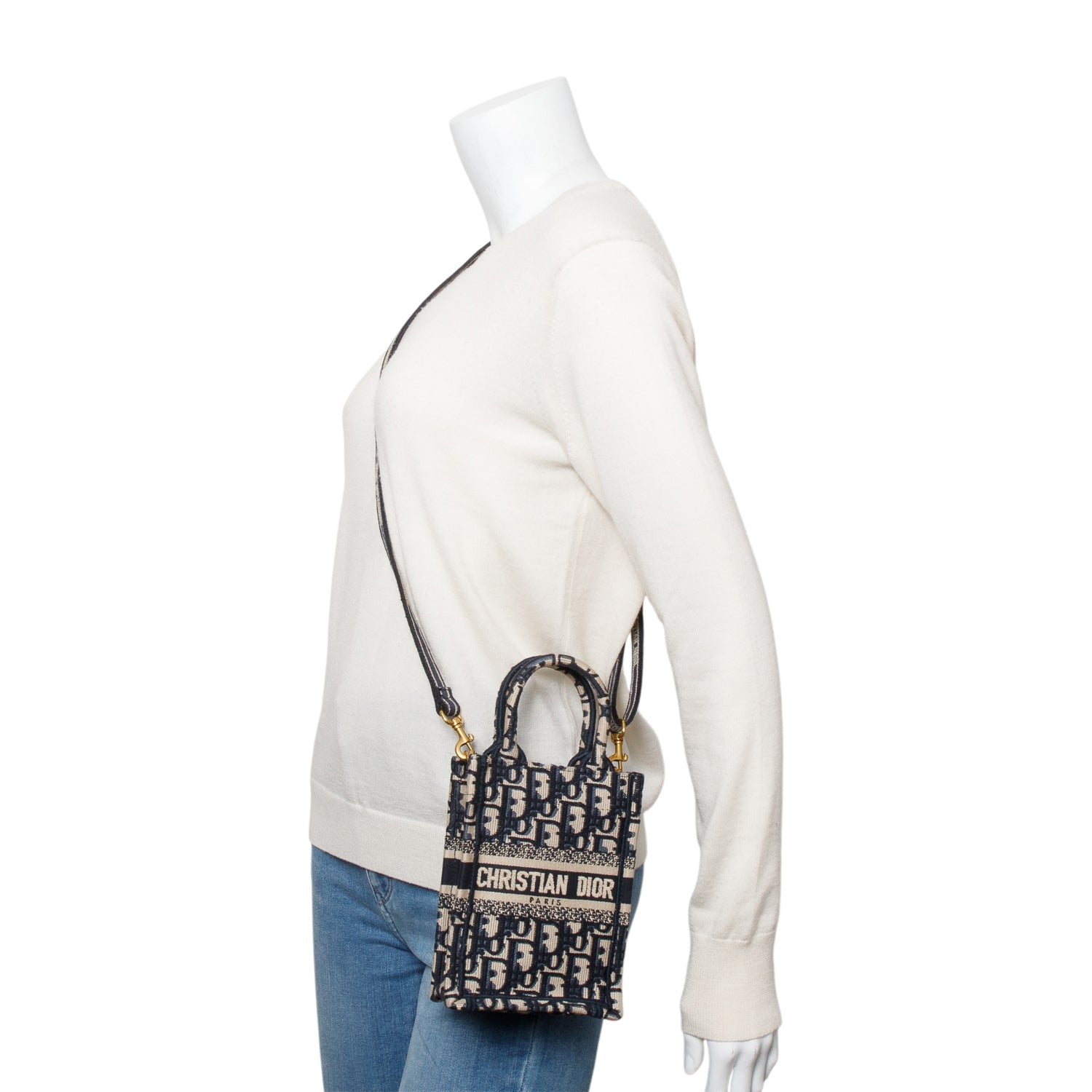 Christian Dior 2022 Blue Oblique Embroidery Mini Vertical Book Tote w/ Strap