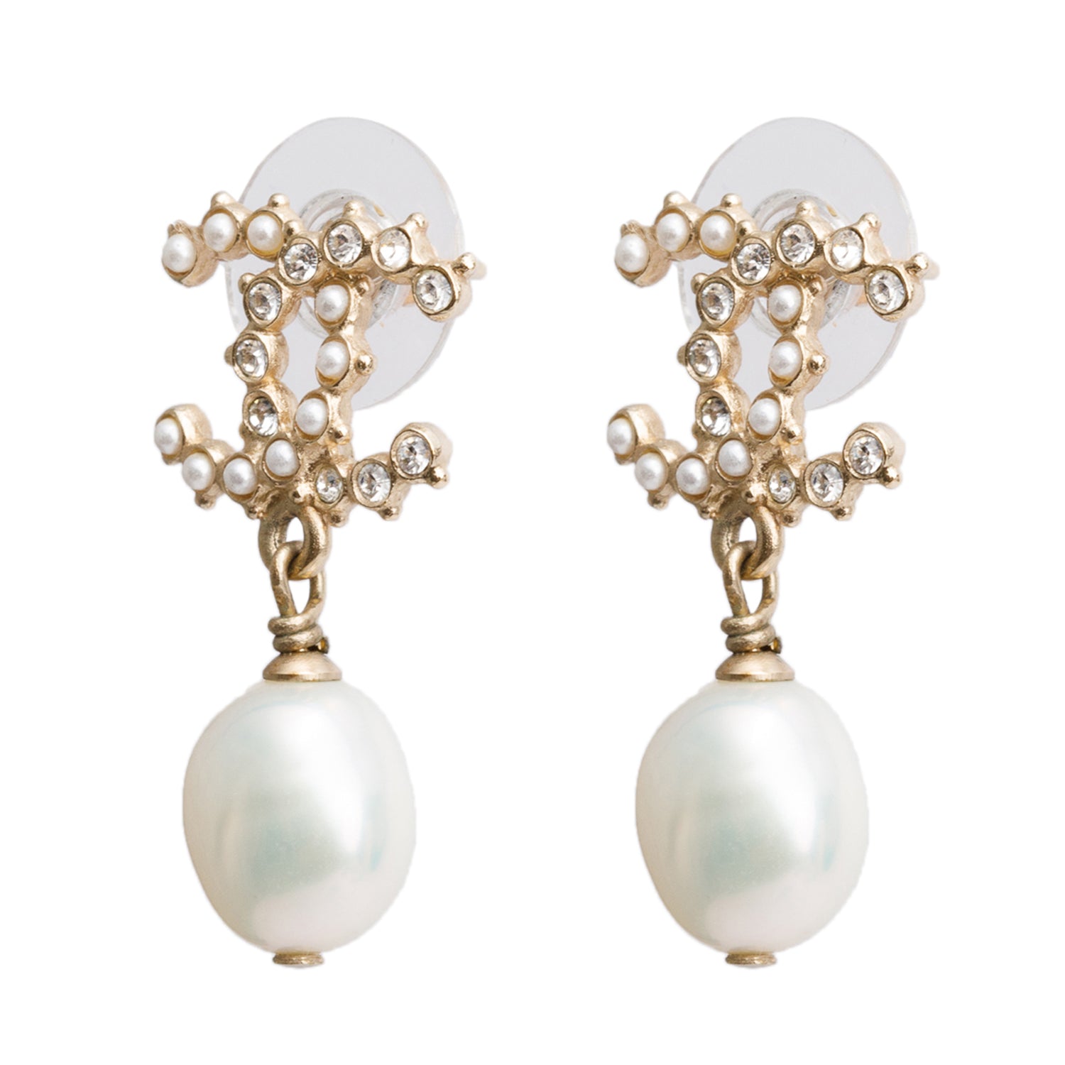 Chanel Gold-Plated Faux Pearl & Strass CC Drop Earrings w/ Box