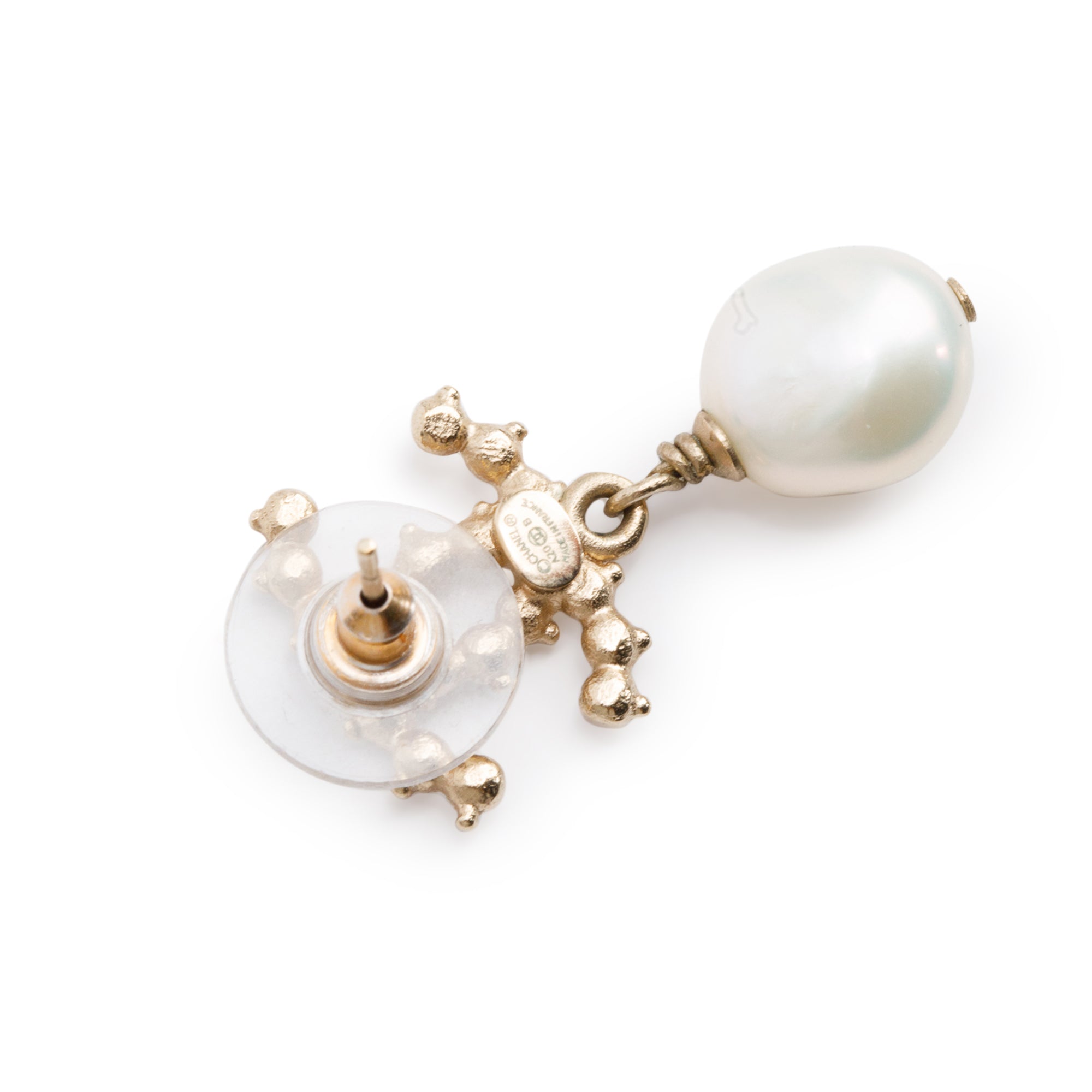 Chanel Gold-Plated Faux Pearl & Strass CC Drop Earrings w/ Box