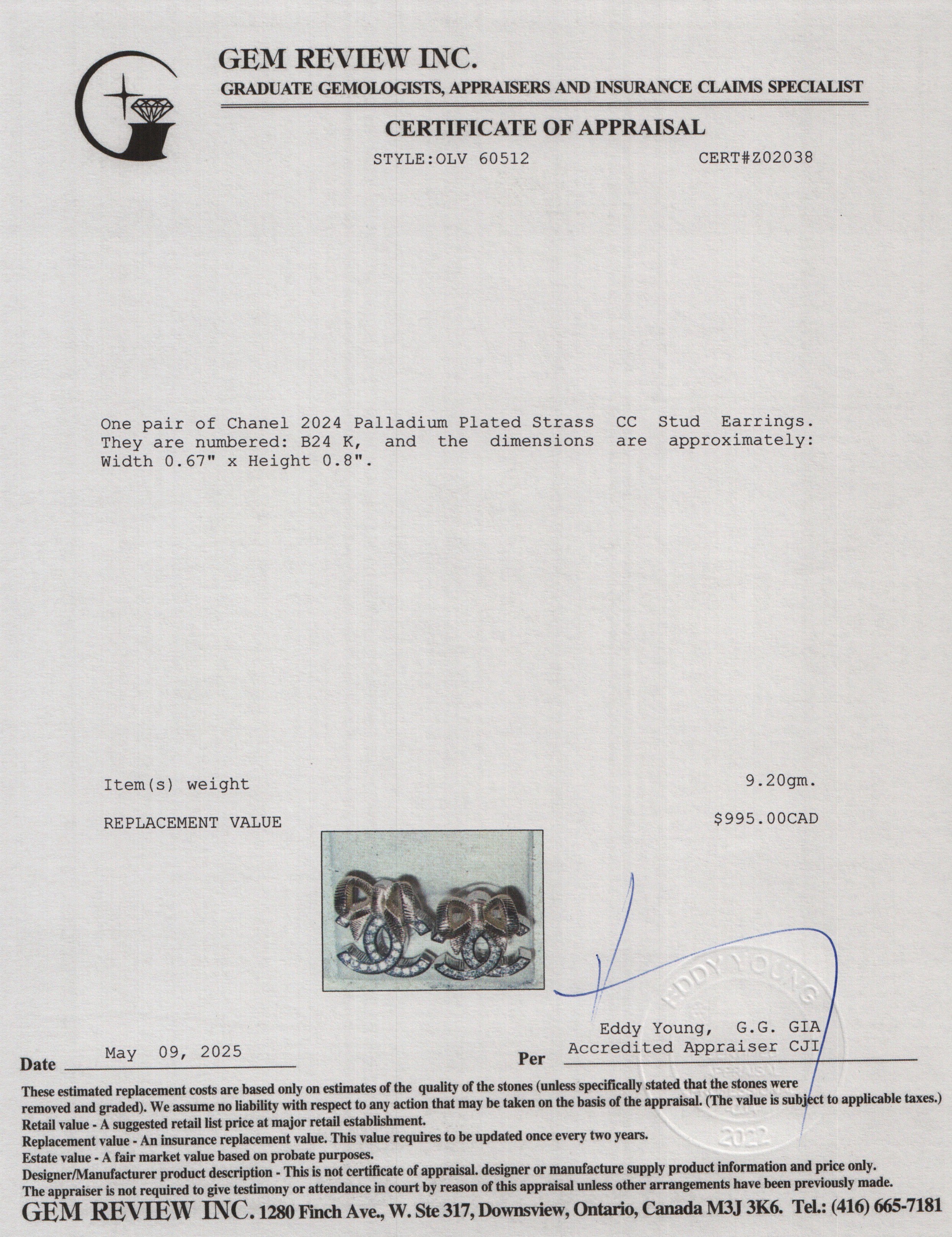 Chanel 2024 Palladium Plated Strass CC Stud Earrings w/ Box & Receipt