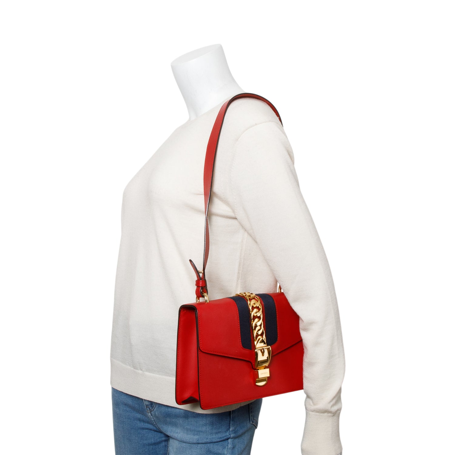 Gucci Red Calfskin Leather Web Small Sylvie Shoulder Bag
