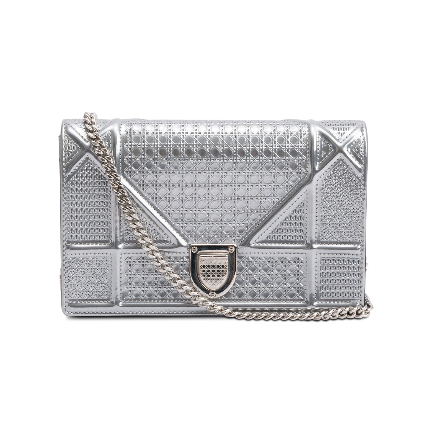 Christian Dior Metallic Silver Microcannage Patent Leather Diorama Wallet on Chain w/ Box & Authenticity Card