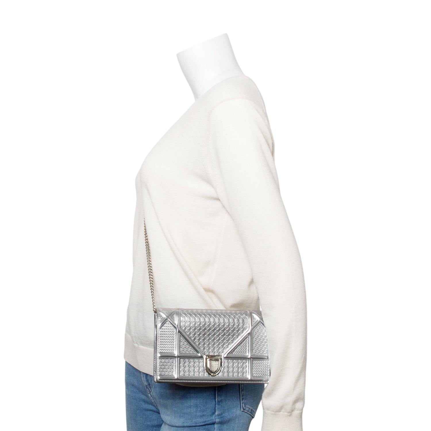 Christian Dior Metallic Silver Microcannage Patent Leather Diorama Wallet on Chain w/ Box & Authenticity Card