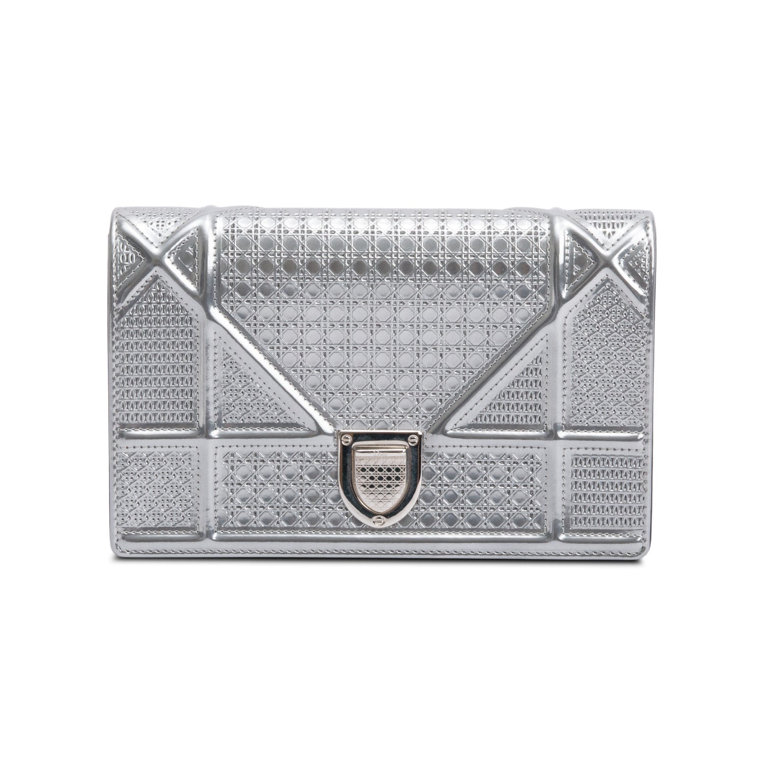 Christian Dior Metallic Silver Microcannage Patent Leather Diorama Wallet on Chain w/ Box & Authenticity Card