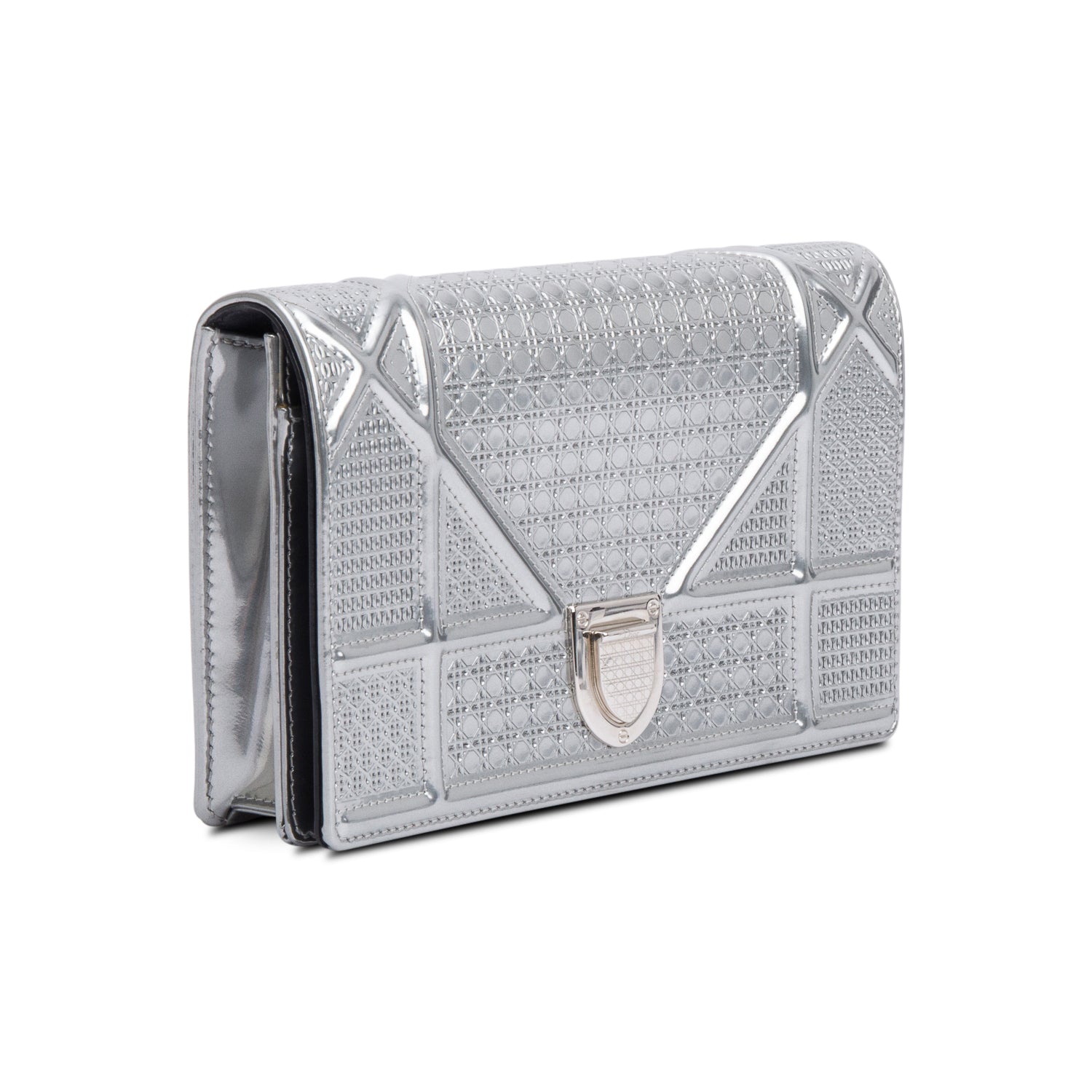 Christian Dior Metallic Silver Microcannage Patent Leather Diorama Wallet on Chain w/ Box & Authenticity Card