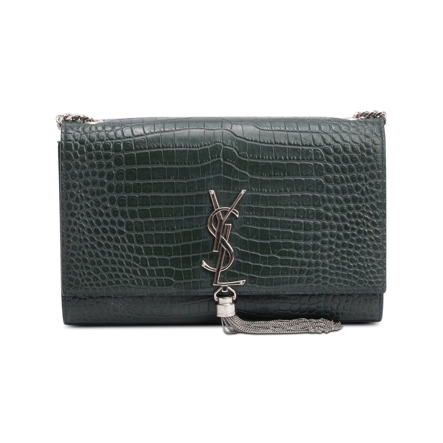 Saint Laurent Green Crocodile-Embossed Leather Medium Classic Monogram Kate Tassel Chain Bag
