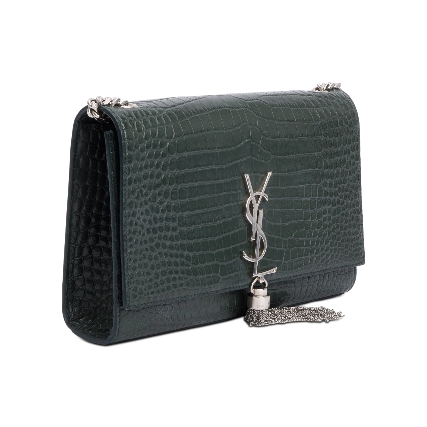 Saint Laurent Green Crocodile-Embossed Leather Medium Classic Monogram Kate Tassel Chain Bag