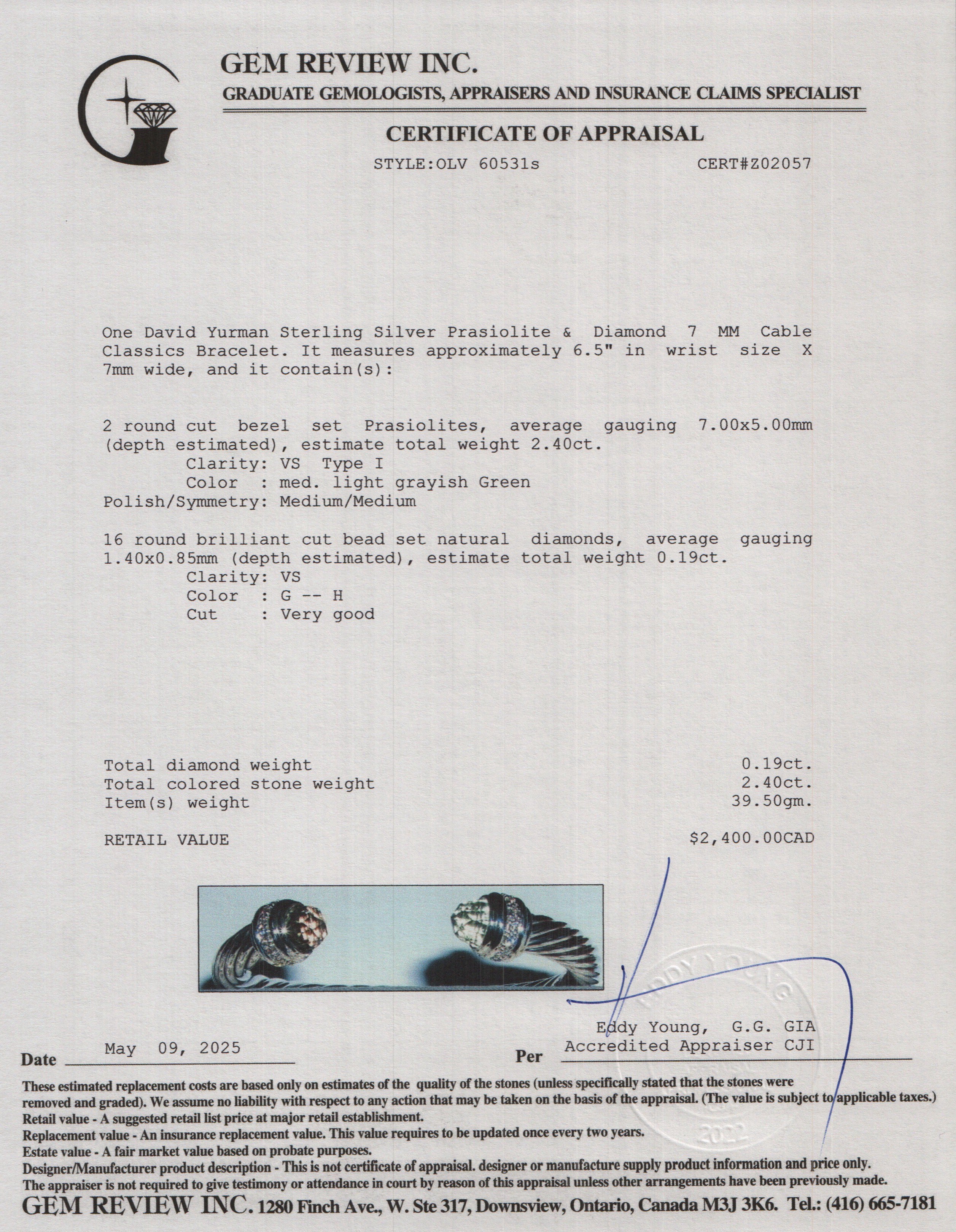 David Yurman Sterling Silver Prasiolite & Diamond 7 MM Cable Classics Bracelet