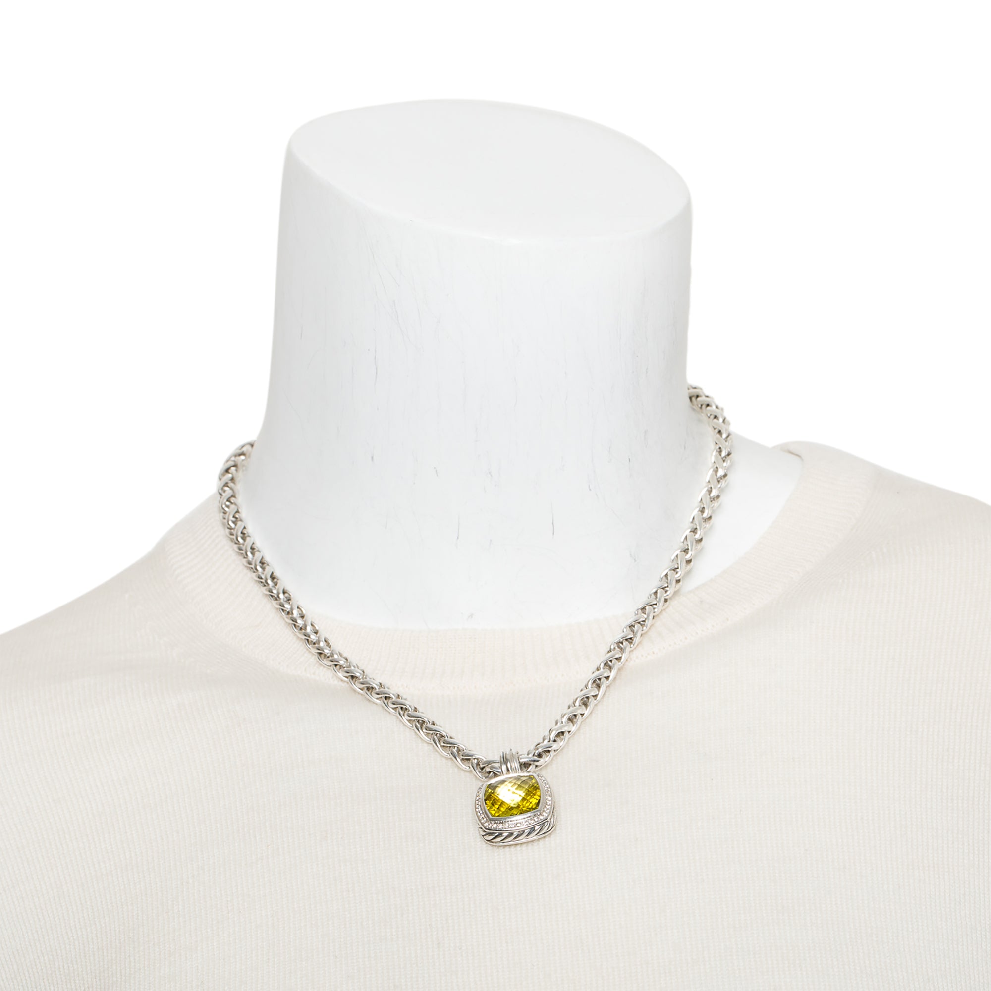 David Yurman Sterling Silver & 14k Yellow Gold Lemon Citrine & Diamond Albion Pendant Wheat Chain Necklace