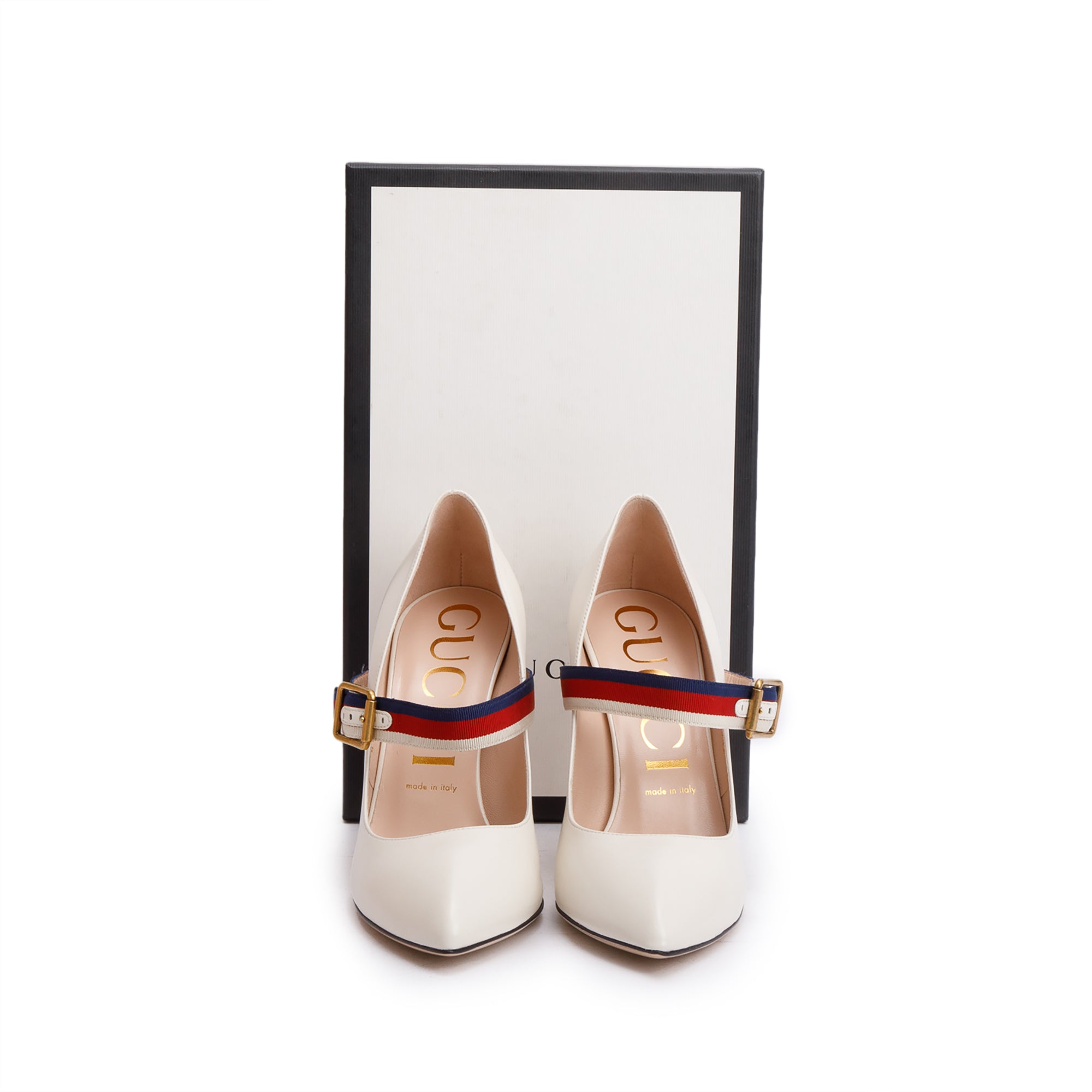 Gucci 2022 White Leather Web Strap D'Orsay Pumps, Size 39.5 w/ Box & Receipt