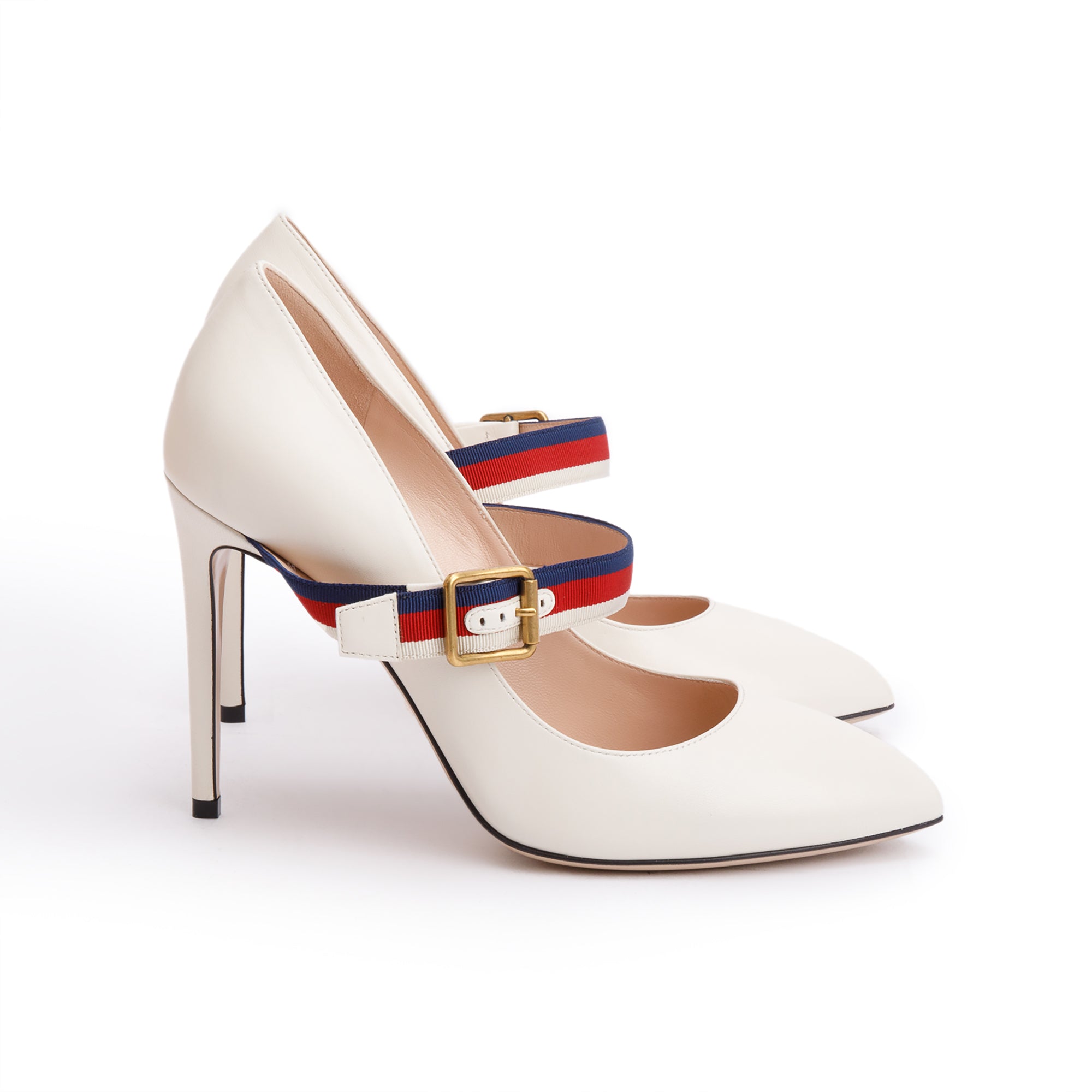 Gucci 2022 White Leather Web Strap D'Orsay Pumps, Size 39.5 w/ Box & Receipt
