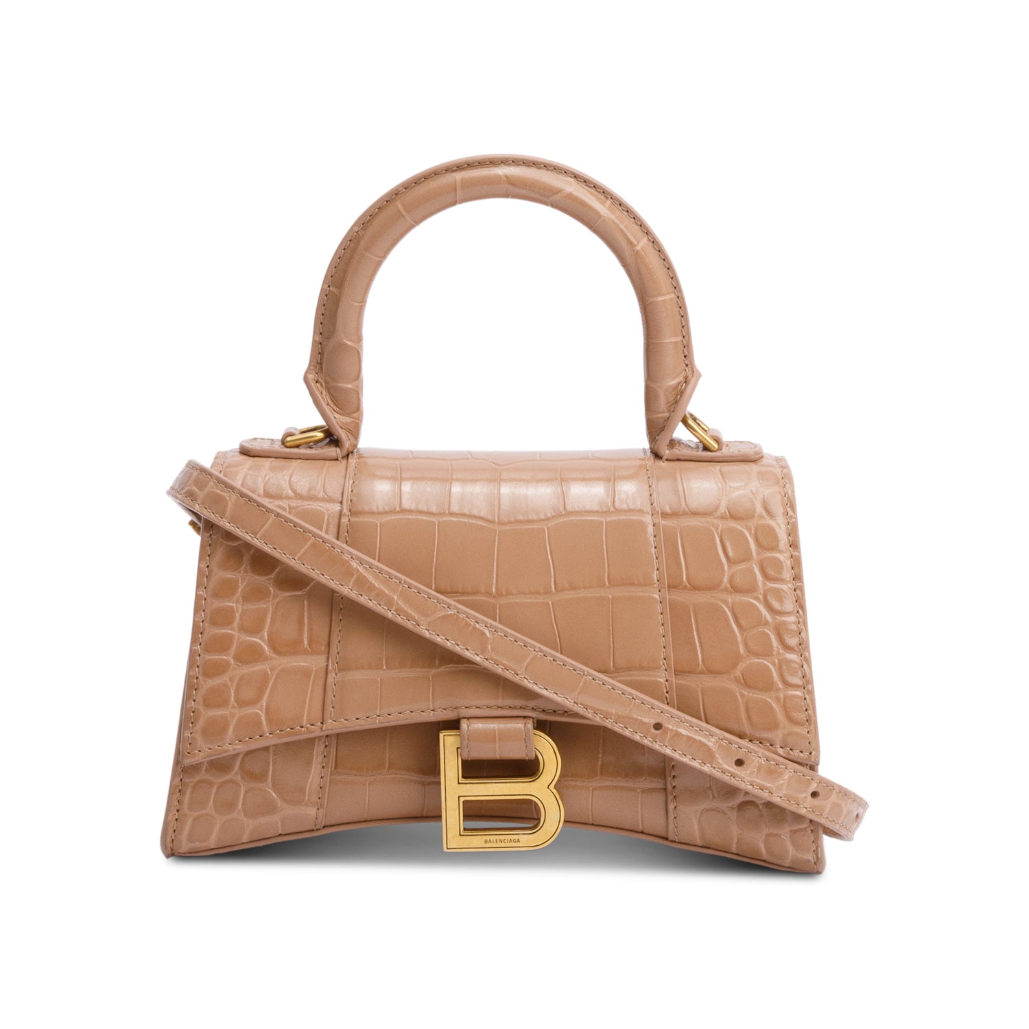 Balenciaga Beige Croc-Embossed Leather XS Hourglass Top Handle Bag w/ Strap