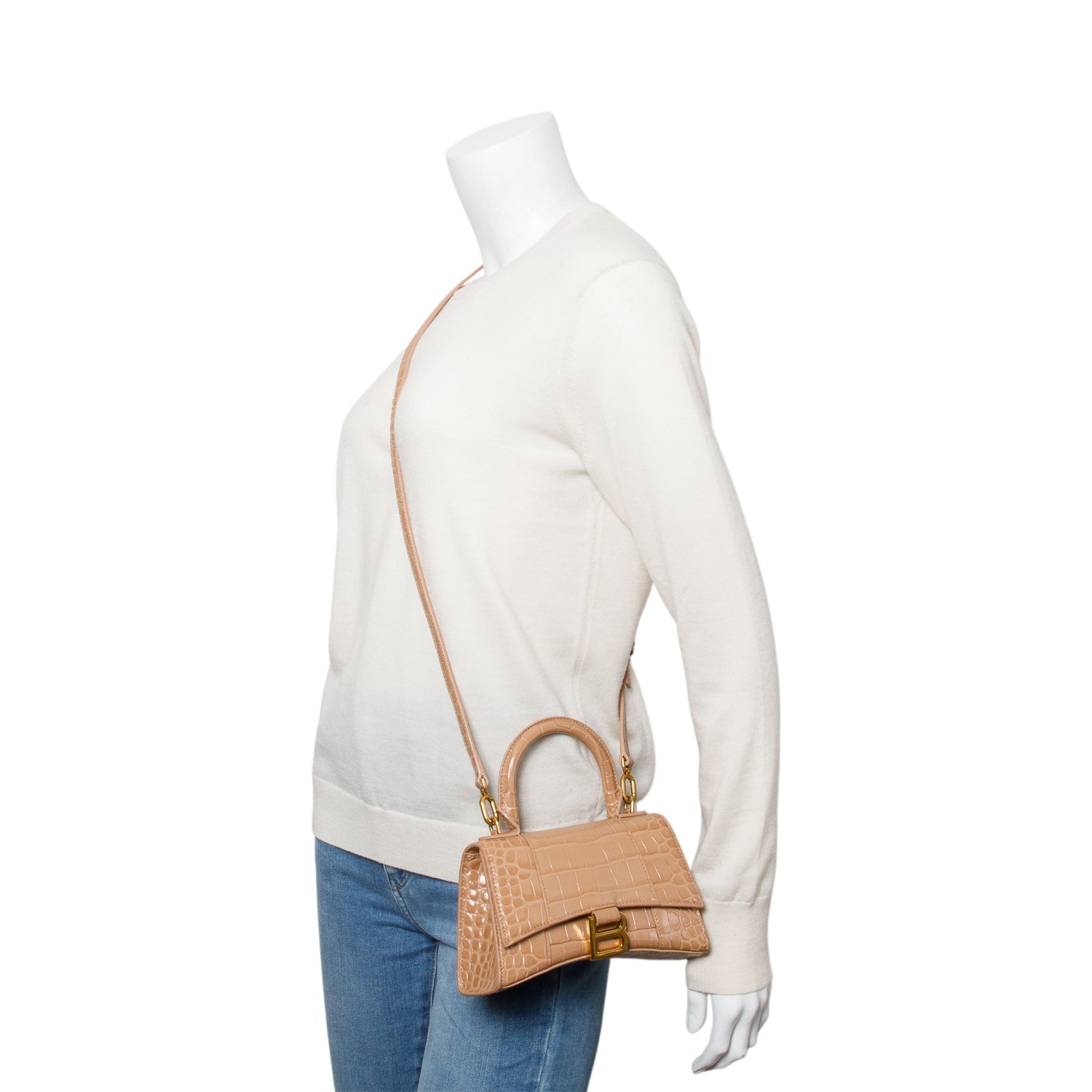 Balenciaga Beige Croc-Embossed Leather XS Hourglass Top Handle Bag w/ Strap