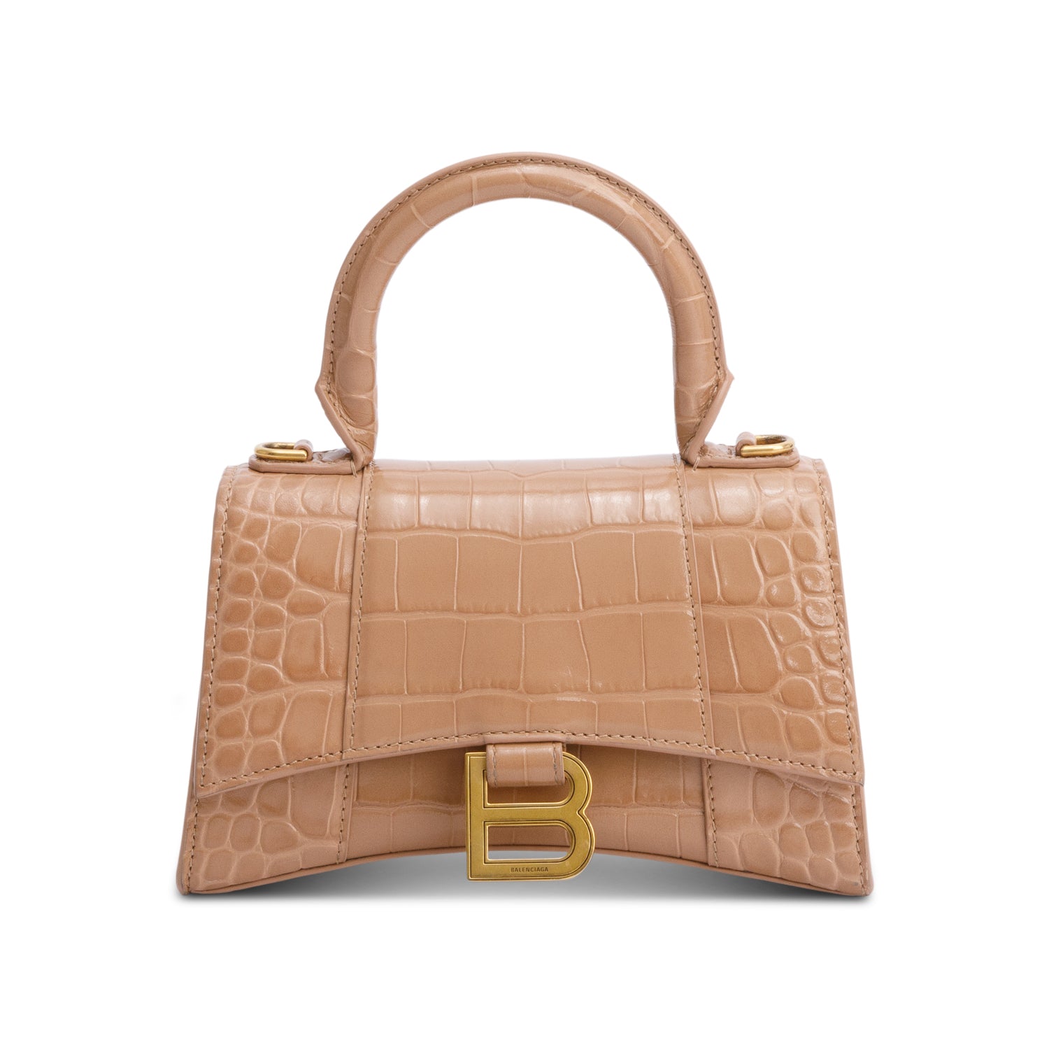Balenciaga Beige Croc-Embossed Leather XS Hourglass Top Handle Bag w/ Strap