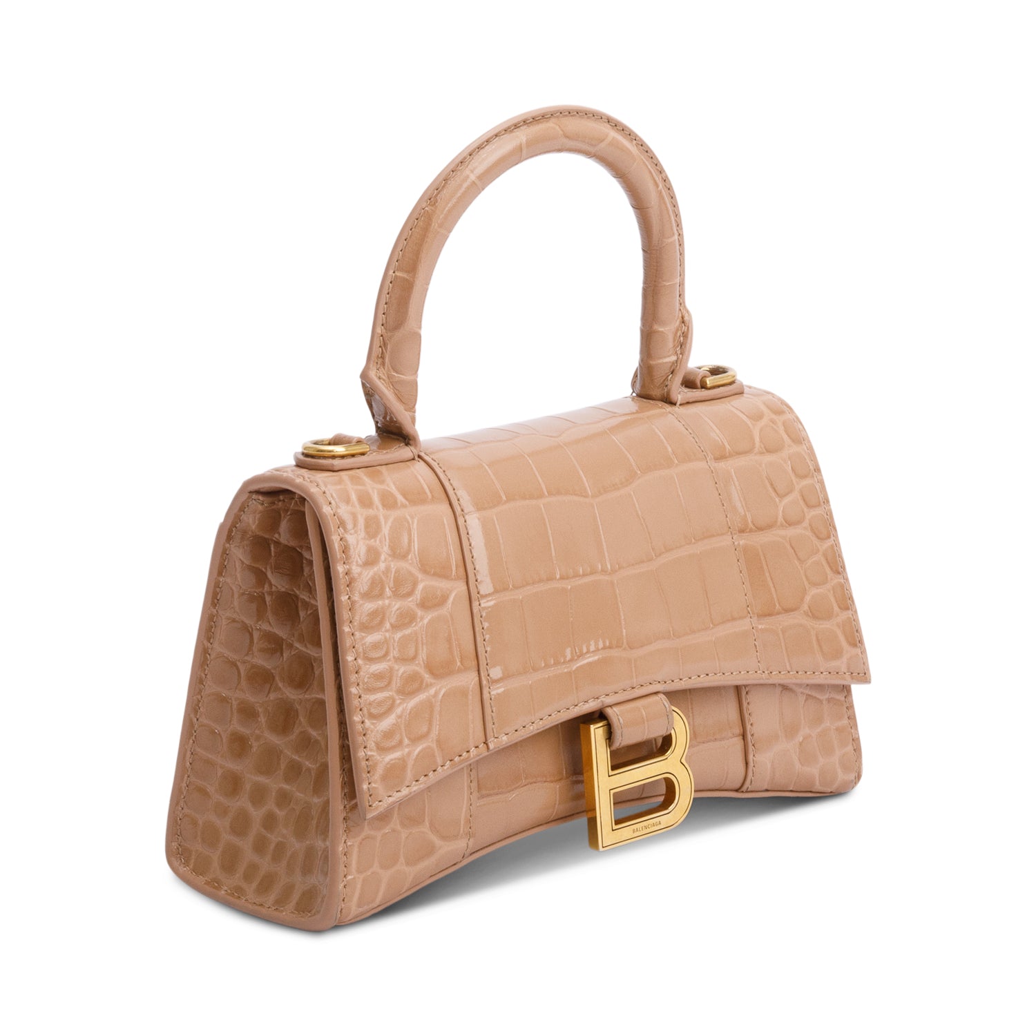 Balenciaga Beige Croc-Embossed Leather XS Hourglass Top Handle Bag w/ Strap