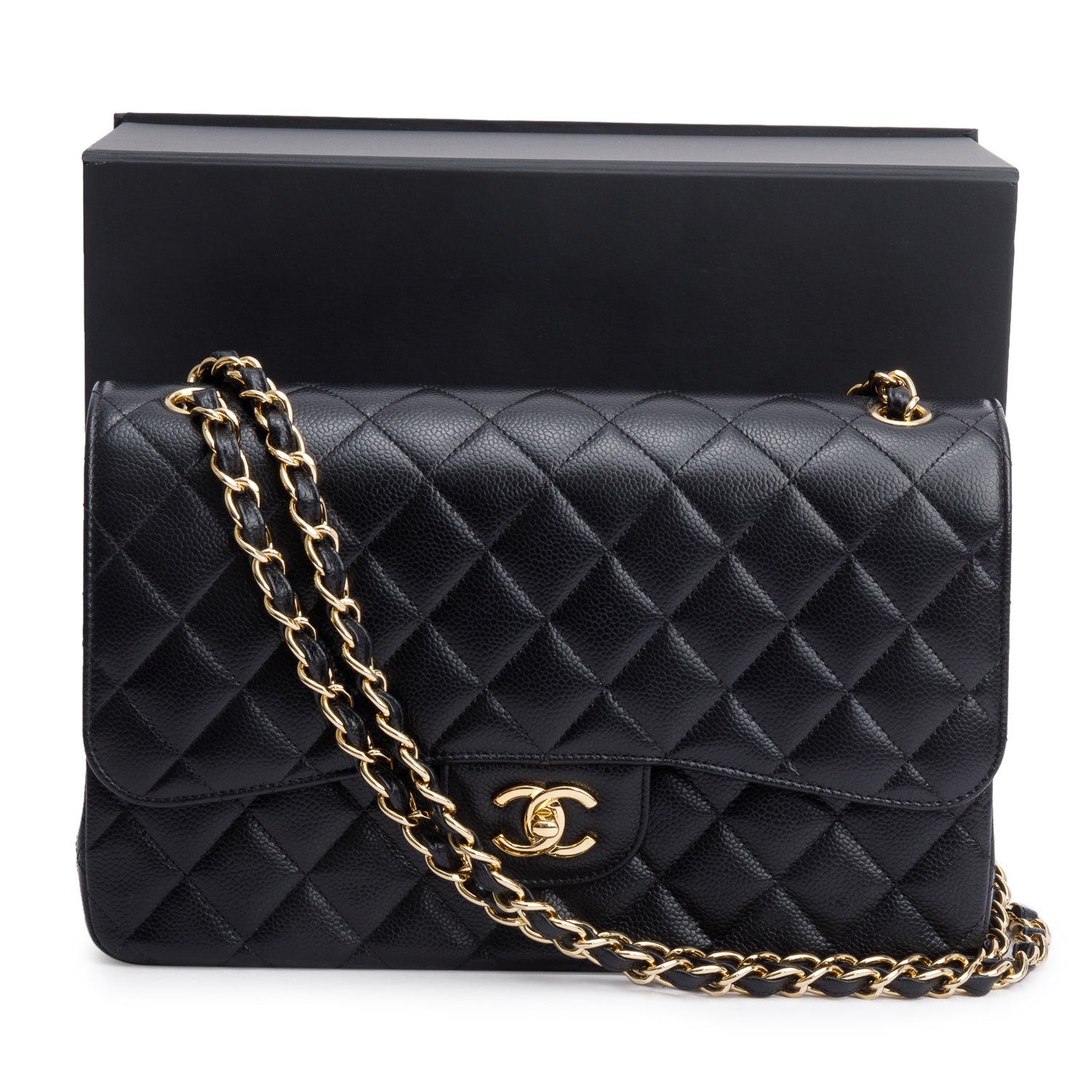 Chanel Black Quilted Caviar Leather Classic Jumbo Double Flap Bag w/ Box