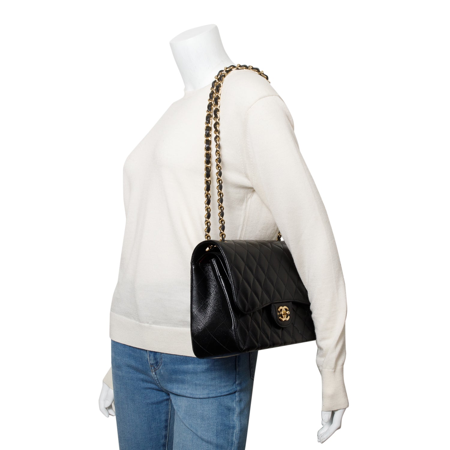 Chanel Black Quilted Caviar Leather Classic Jumbo Double Flap Bag w/ Box