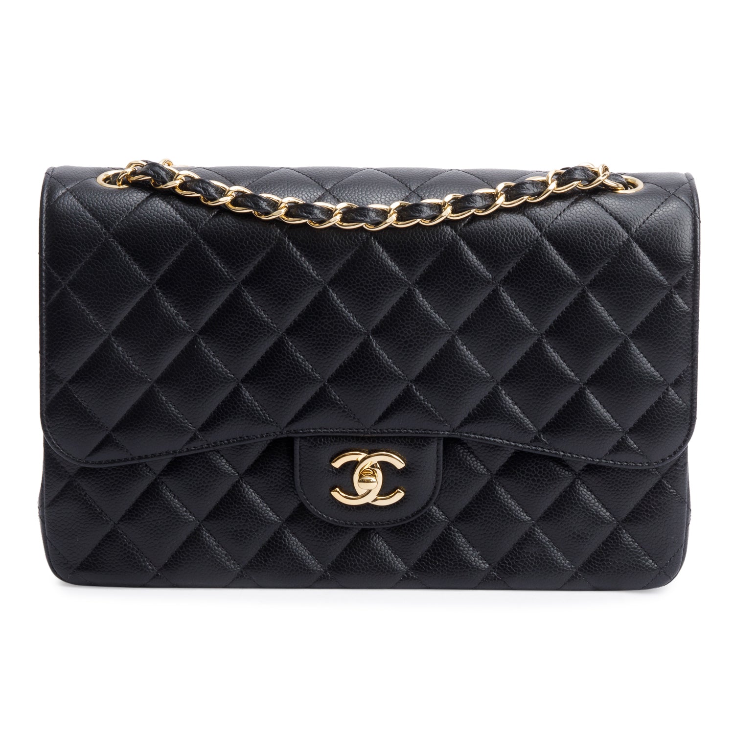 Chanel Black Quilted Caviar Leather Classic Jumbo Double Flap Bag w/ Box