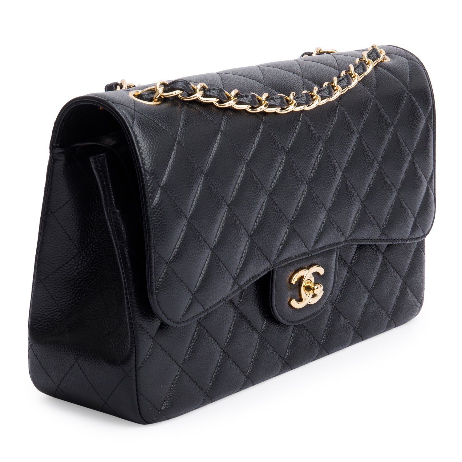 Chanel Black Quilted Caviar Leather Classic Jumbo Double Flap Bag w/ Box