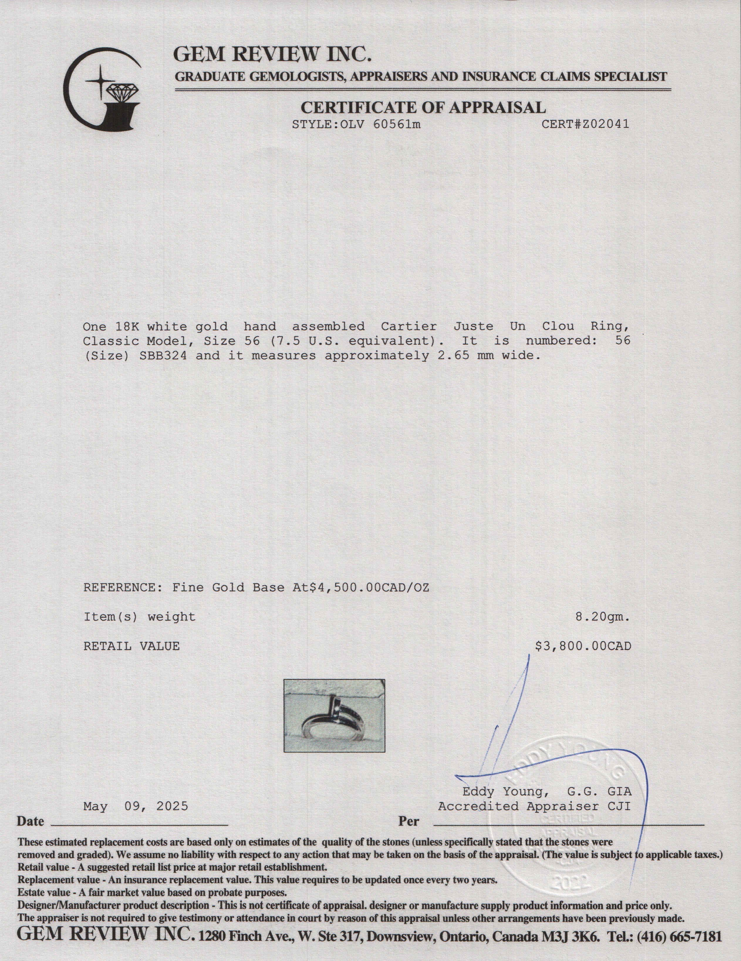 Cartier 2024 18k White Gold Juste Un Clou Ring, Classic Model, Size 56 7.5 w/ Receipt