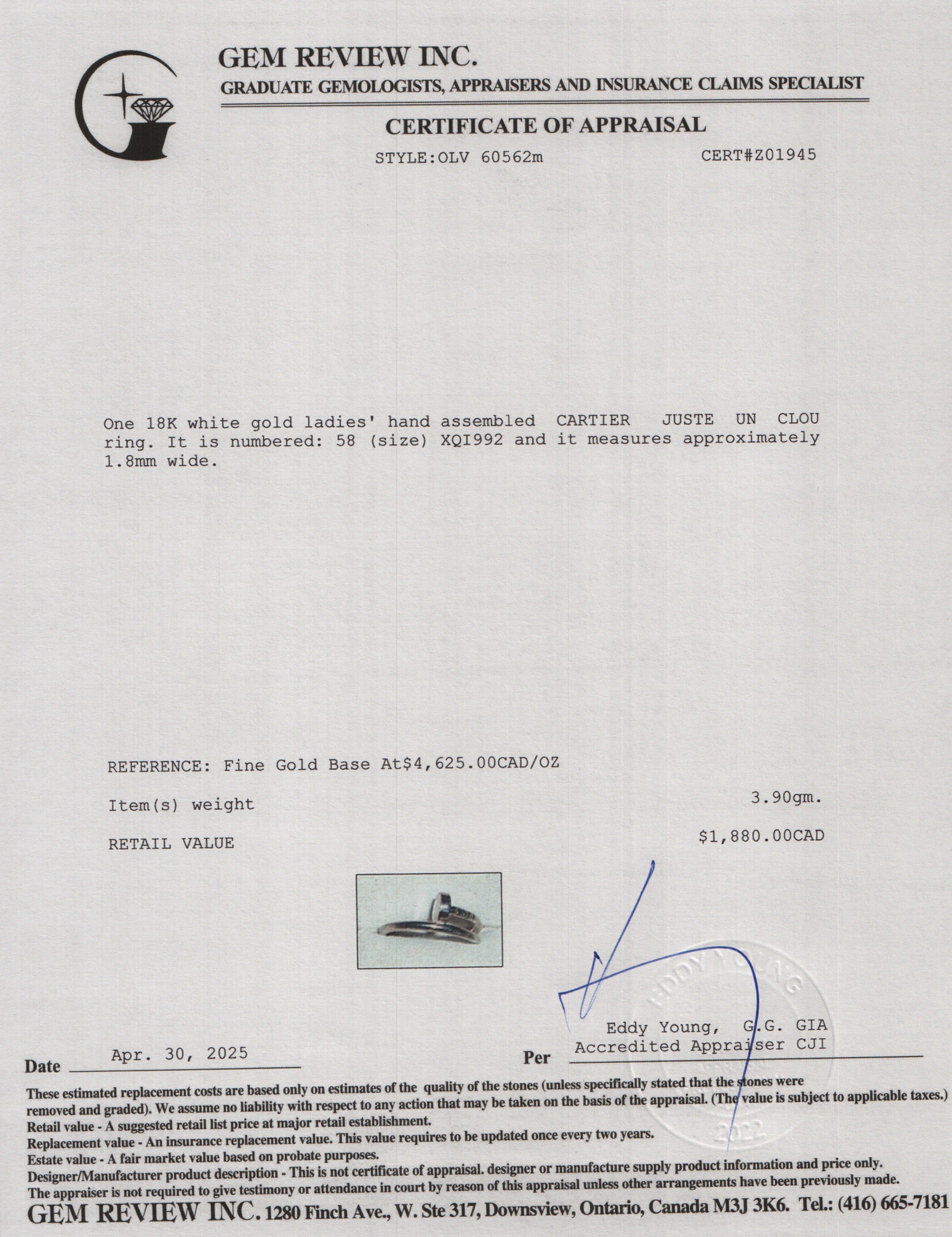 Cartier 2024 18k White Gold Juste Un Clou Ring, Small Model, Size 58 8.25 w/ Receipt