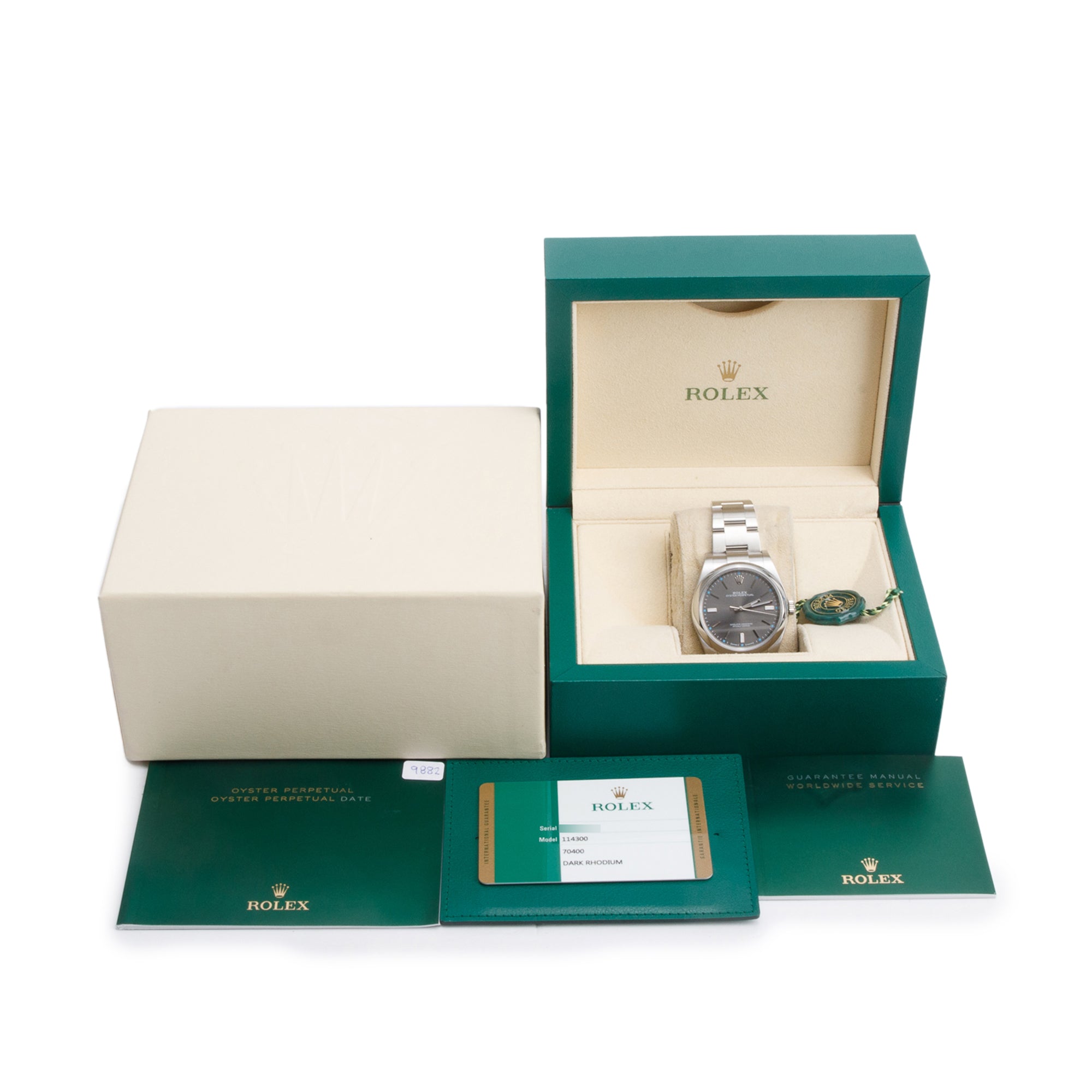 Rolex Stainless Steel Oyster Perpetual 39 MM Watch Grey Rhodium Dial 114300 w/ Box & Papers