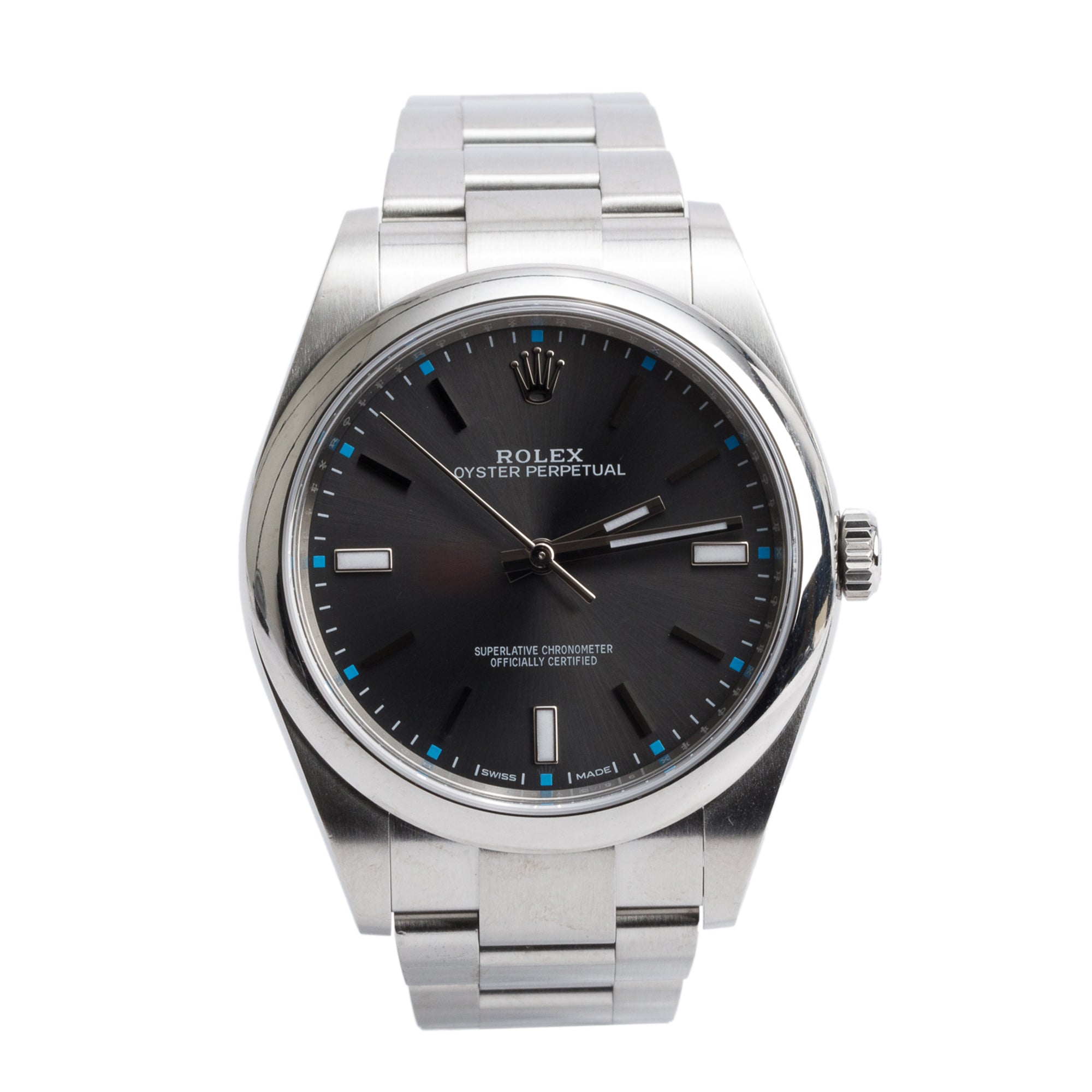 Rolex Stainless Steel Oyster Perpetual 39 MM Watch Grey Rhodium Dial 114300 w/ Box & Papers