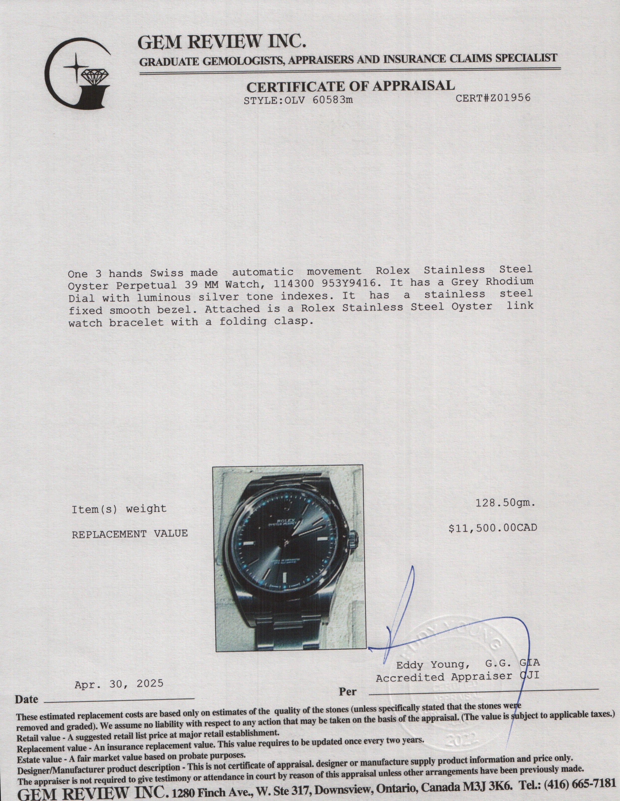 Rolex Stainless Steel Oyster Perpetual 39 MM Watch Grey Rhodium Dial 114300 w/ Box & Papers