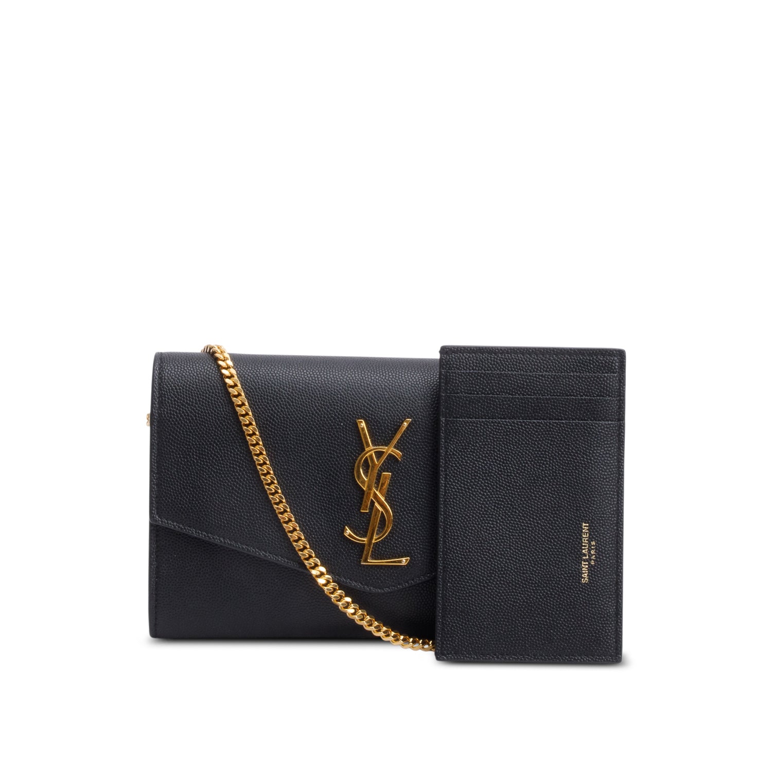 Saint Laurent Black Grain De Poudre Leather Uptown Chain Wallet w/ Insert