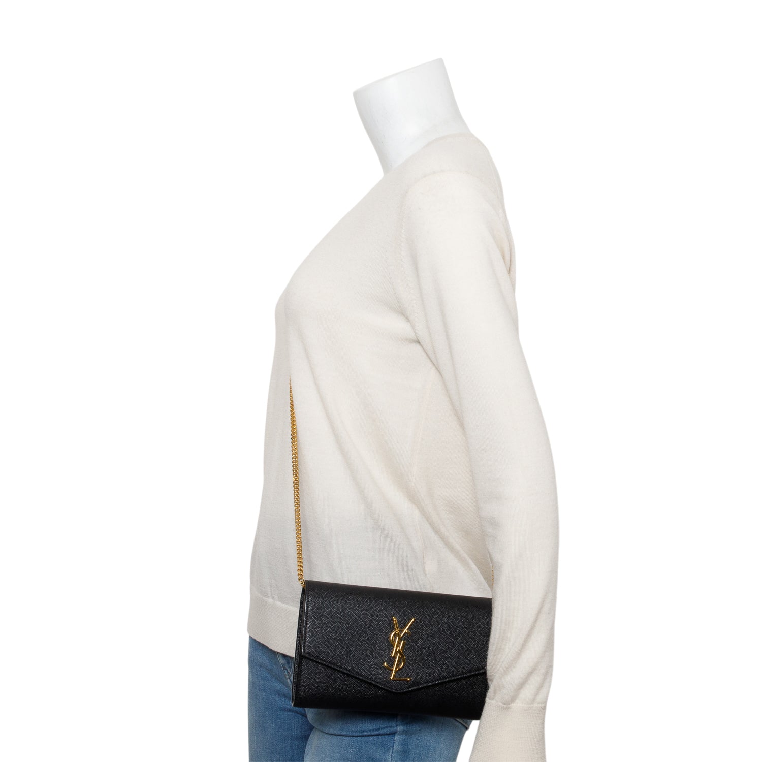 Saint Laurent Black Grain De Poudre Leather Uptown Chain Wallet w/ Insert