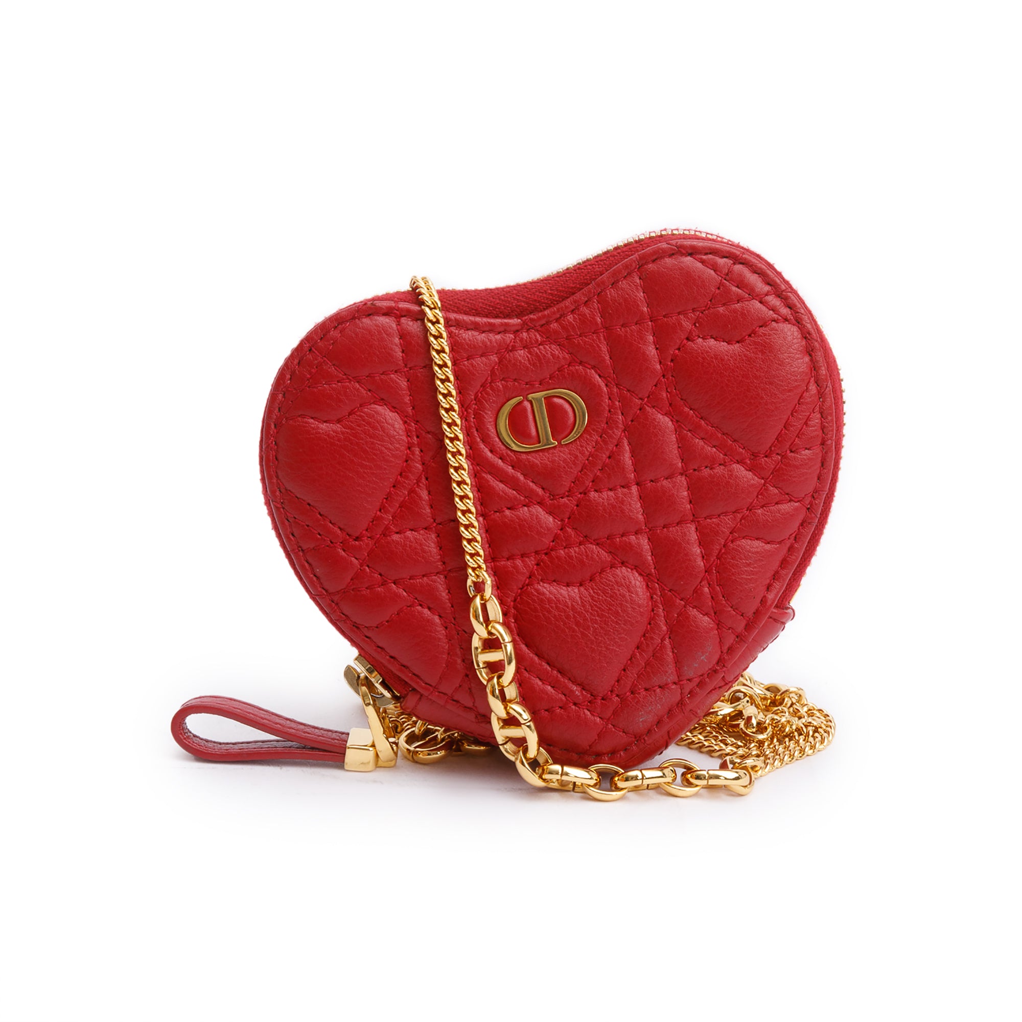 Christian Dior 2023 Red Cannage Calfskin Leather Dioramour Caro Heart Chain Pouch w/ Box