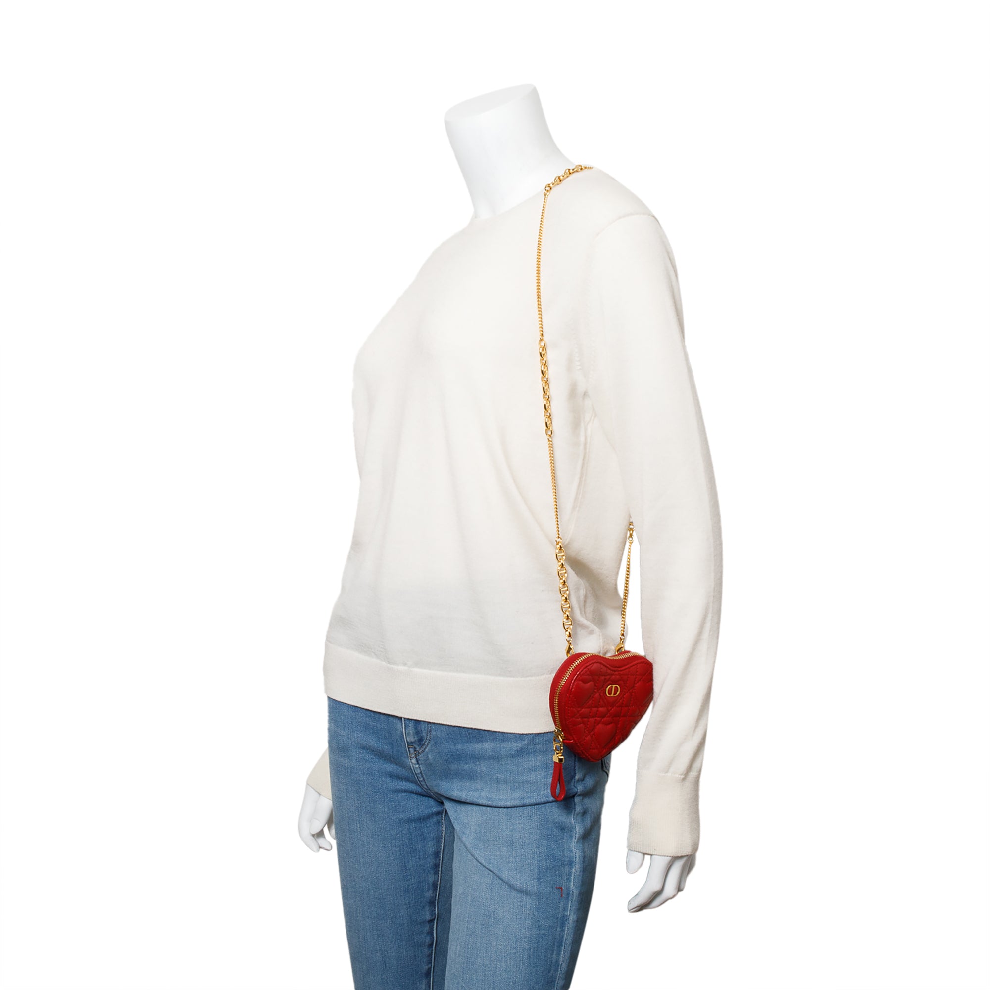Christian Dior 2023 Red Cannage Calfskin Leather Dioramour Caro Heart Chain Pouch w/ Box