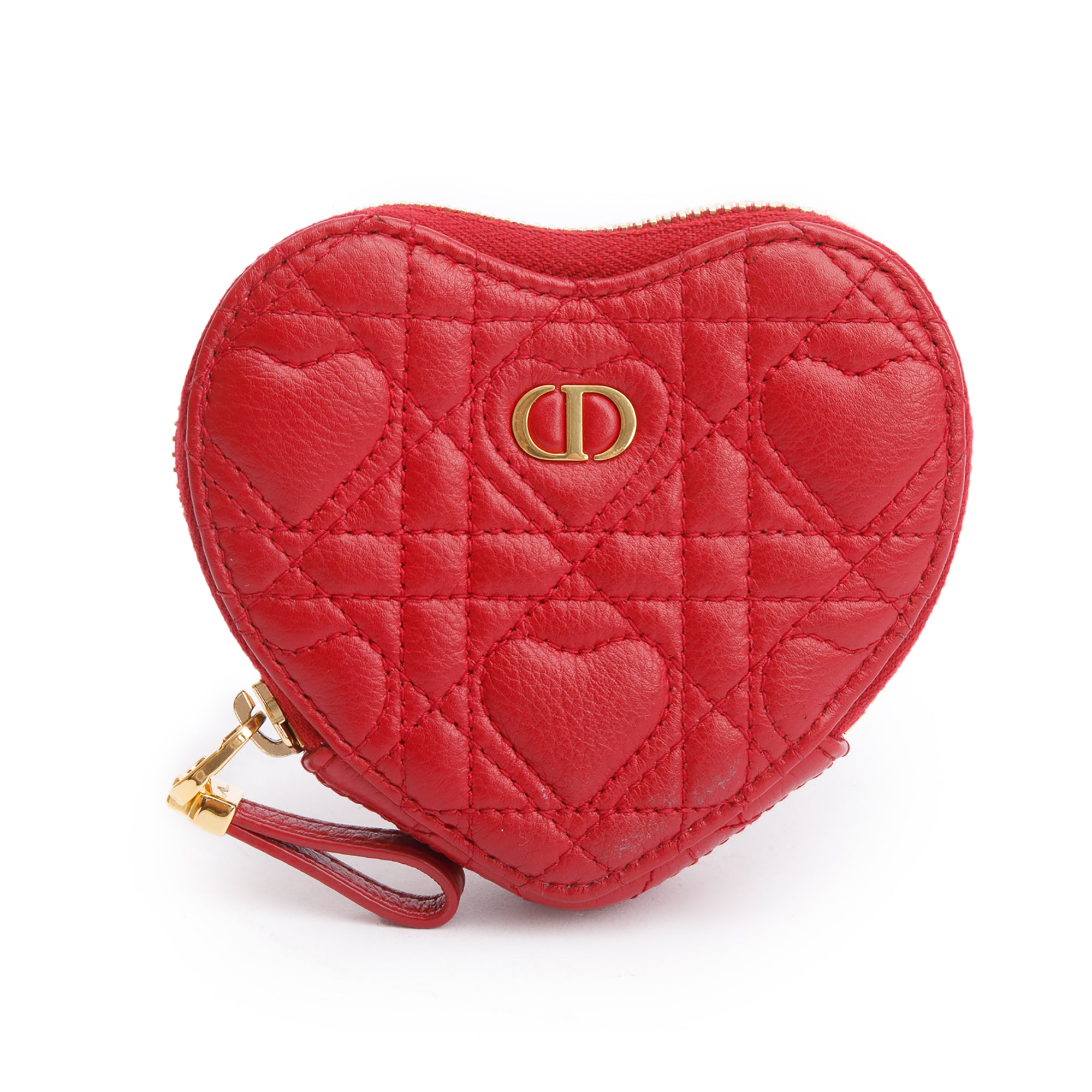 Christian Dior 2023 Red Cannage Calfskin Leather Dioramour Caro Heart Chain Pouch w/ Box