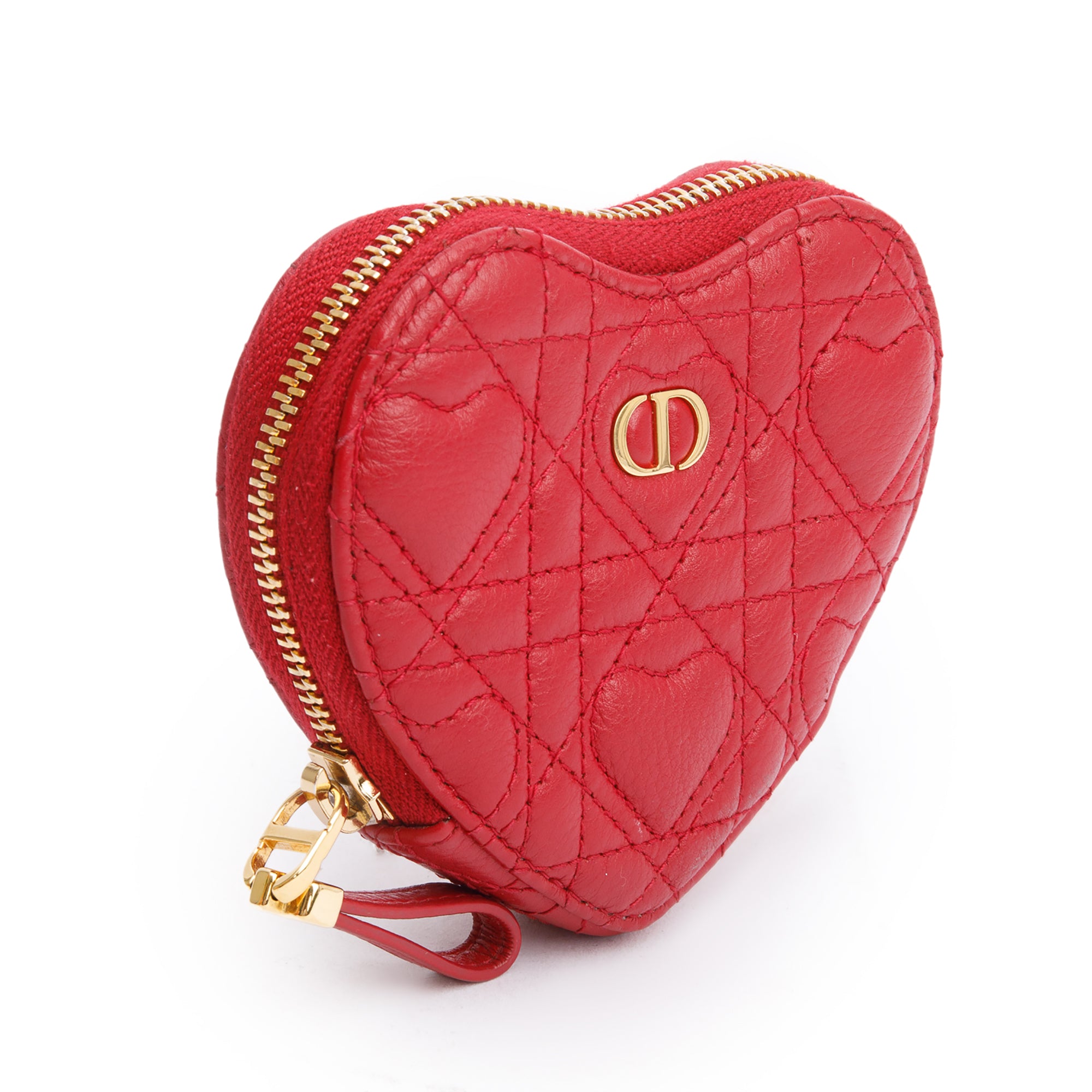 Christian Dior 2023 Red Cannage Calfskin Leather Dioramour Caro Heart Chain Pouch w/ Box