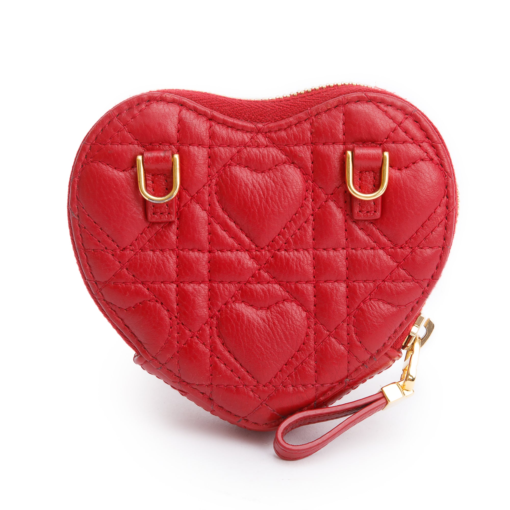 Christian Dior 2023 Red Cannage Calfskin Leather Dioramour Caro Heart Chain Pouch w/ Box