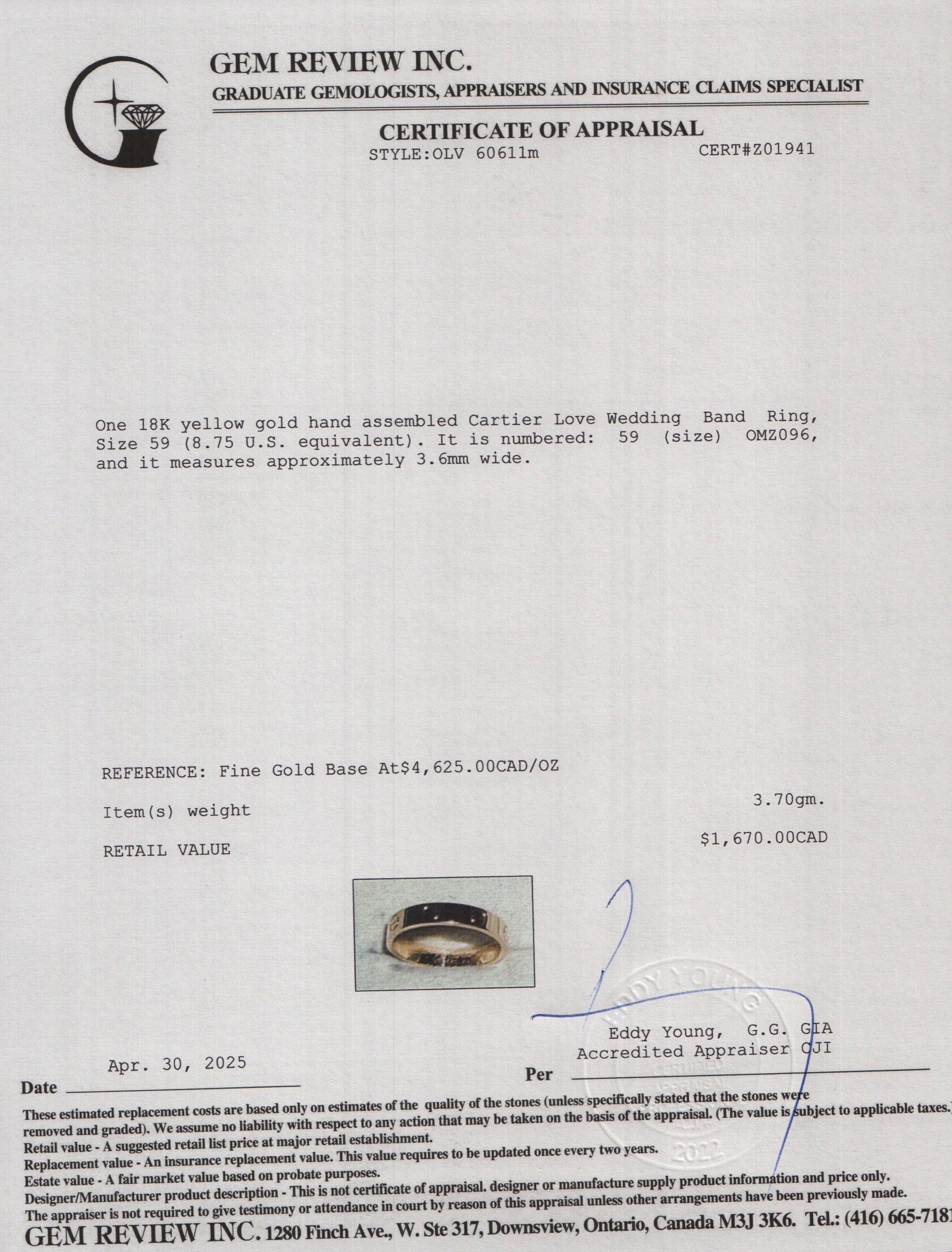 Cartier 18k Yellow Gold 3.6 mm Love Wedding Band Ring, Size 59 8.75 w/ Box, Certificate & Receipt
