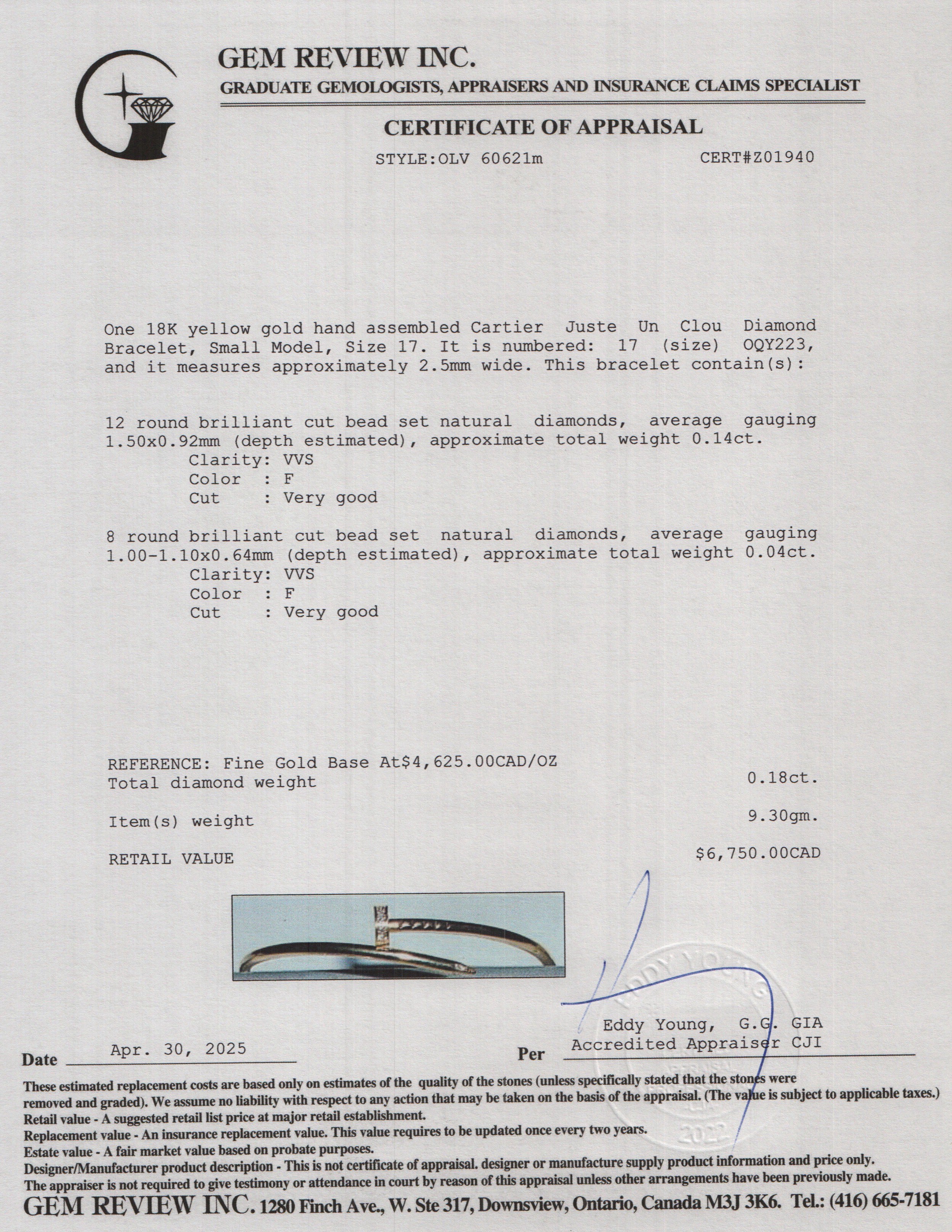 Cartier 18k Yellow Gold Juste Un Clou Diamond Bracelet, Small Model, Size 17 w/ Box & Receipt