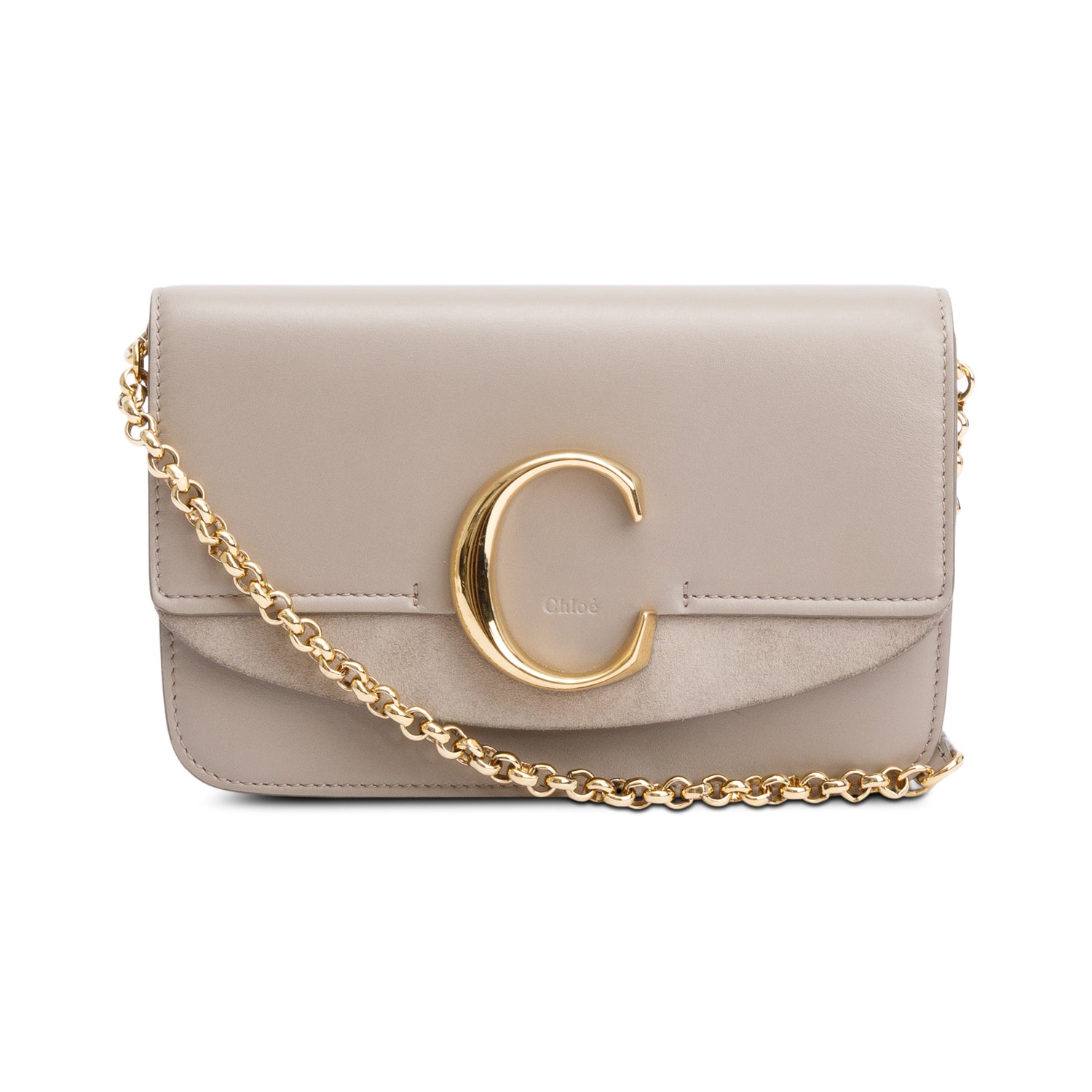 Chloe Taupe Calfskin Leather Suede "C" Clutch On Chain