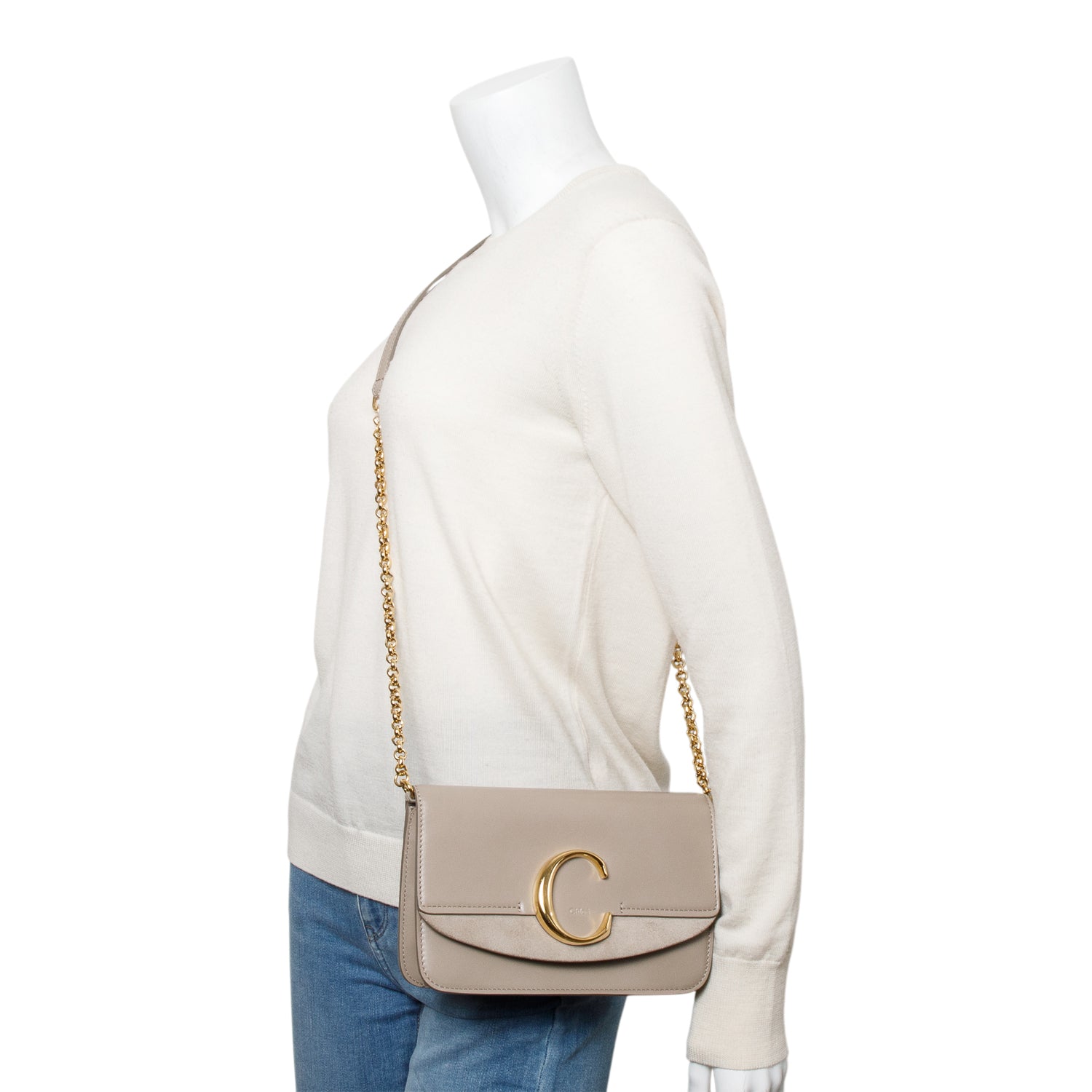 Chloe Taupe Calfskin Leather Suede "C" Clutch On Chain